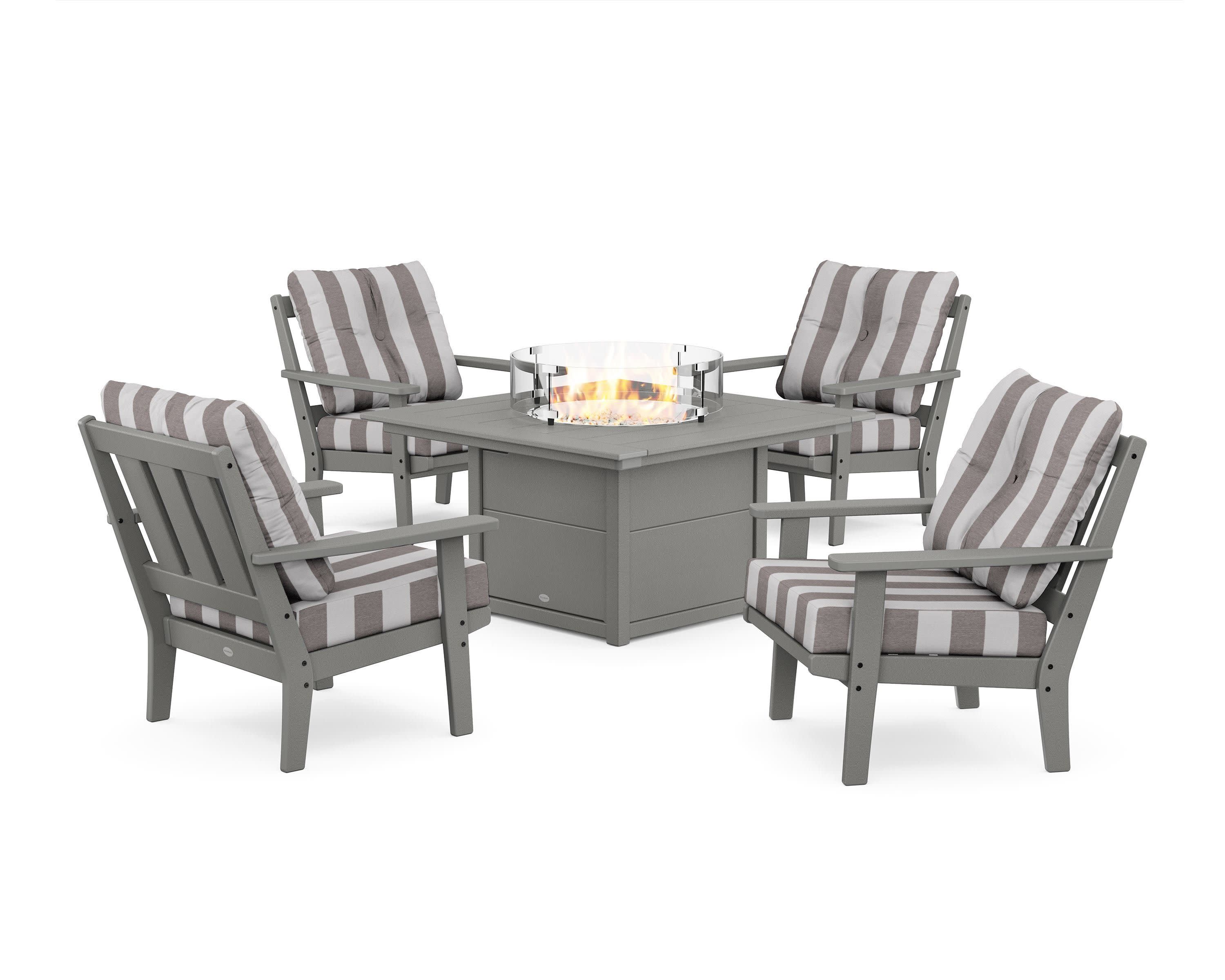 Oxford 5-Piece Deep Seating Set with Fire Pit Table in Slate Grey / Cabana Stripe Grey Mist