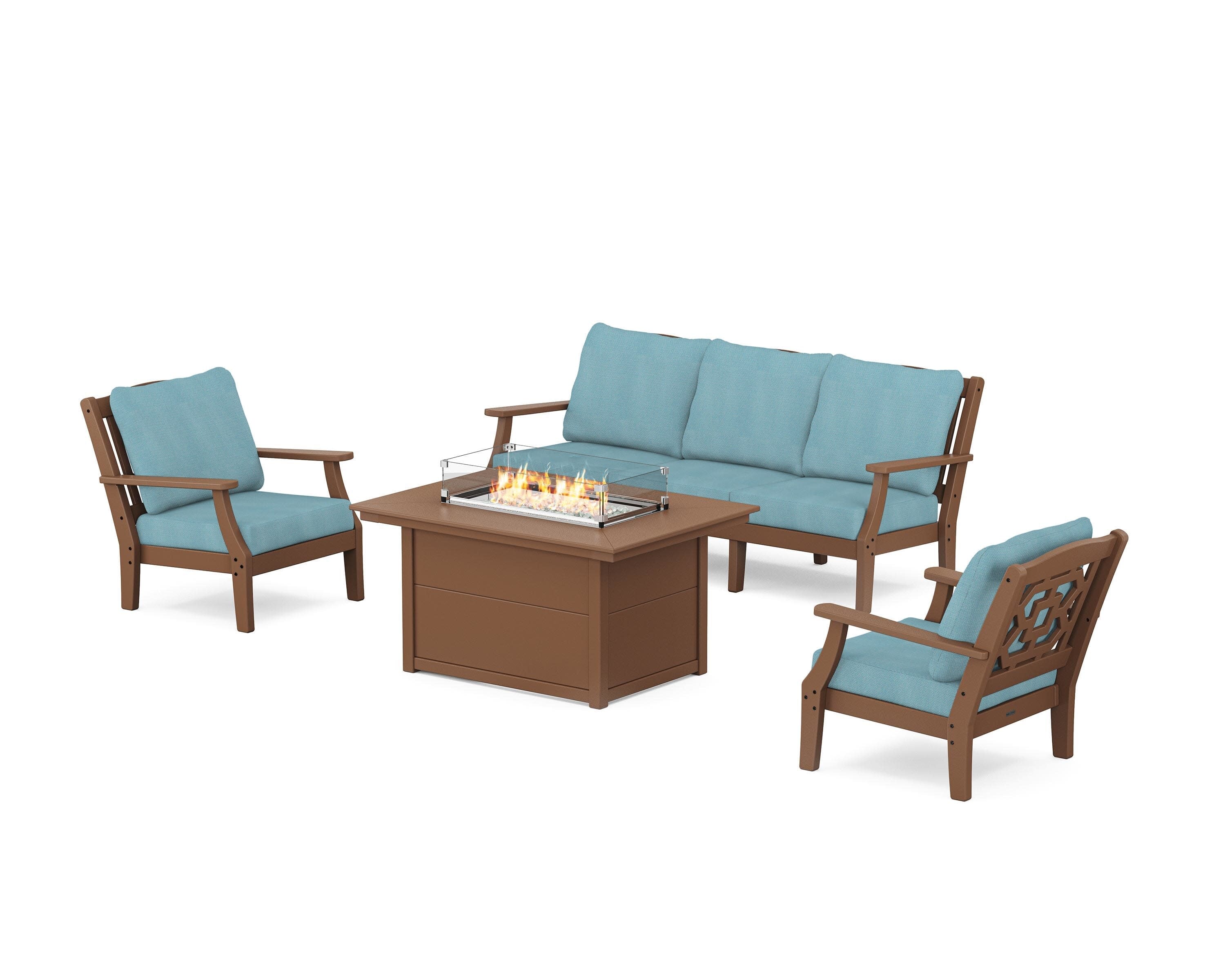 Chinoiserie Deep Seating Fire Pit Table Set in Teak / Lattice Sky Blue