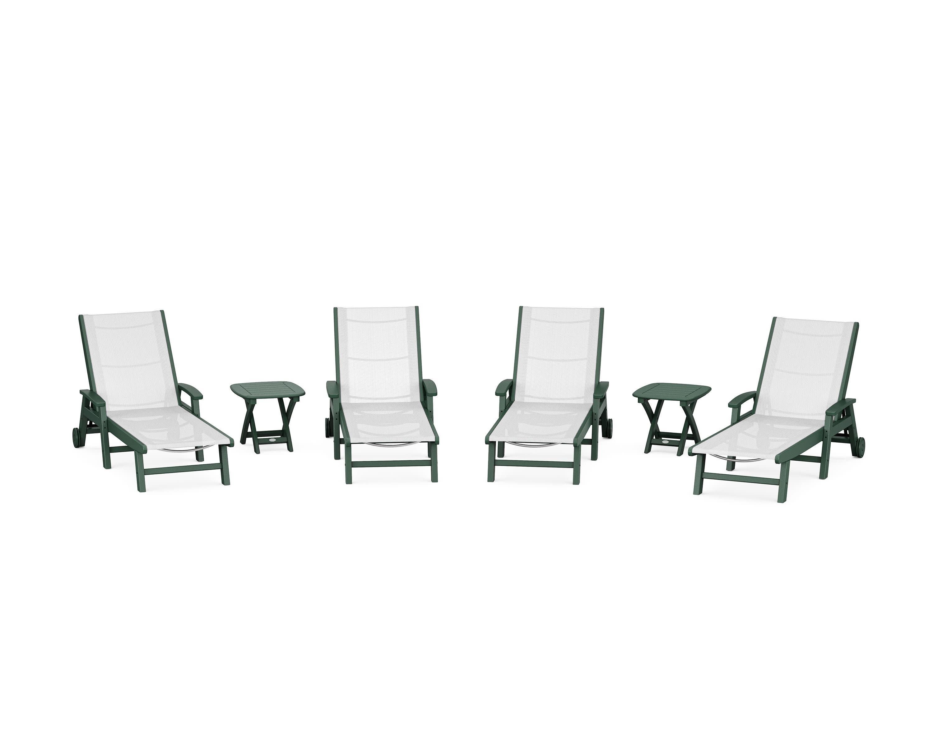 Coastal Chaise 6-Piece Set with Wheels in Green / White Sling