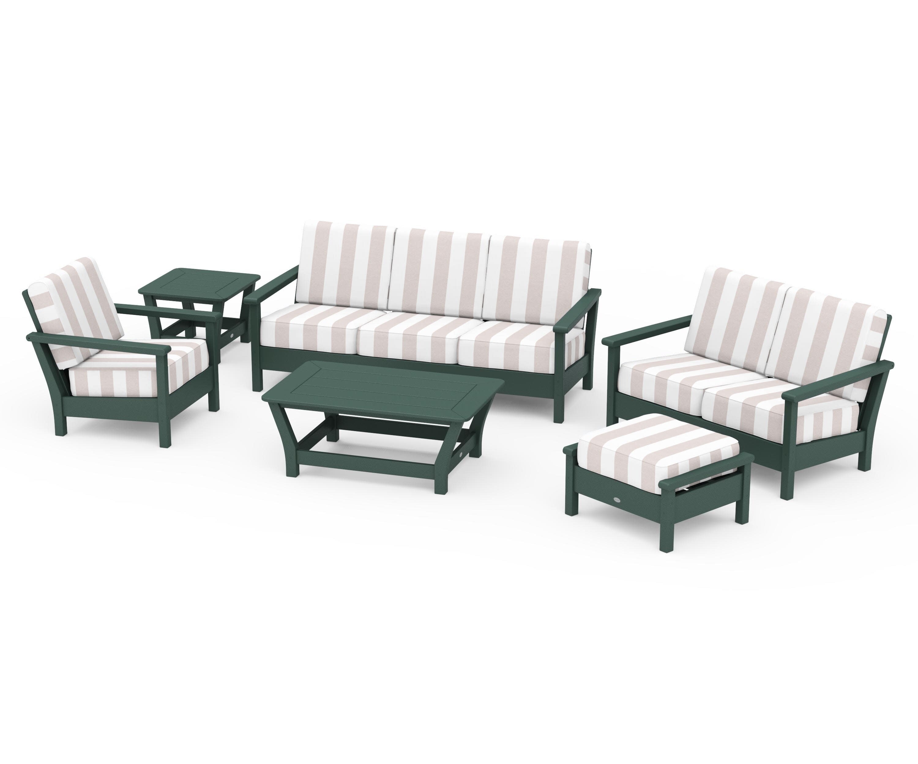 Harbour 6-Piece Outdoor Living Set in Green / Cabana Stripe Dune Burlap