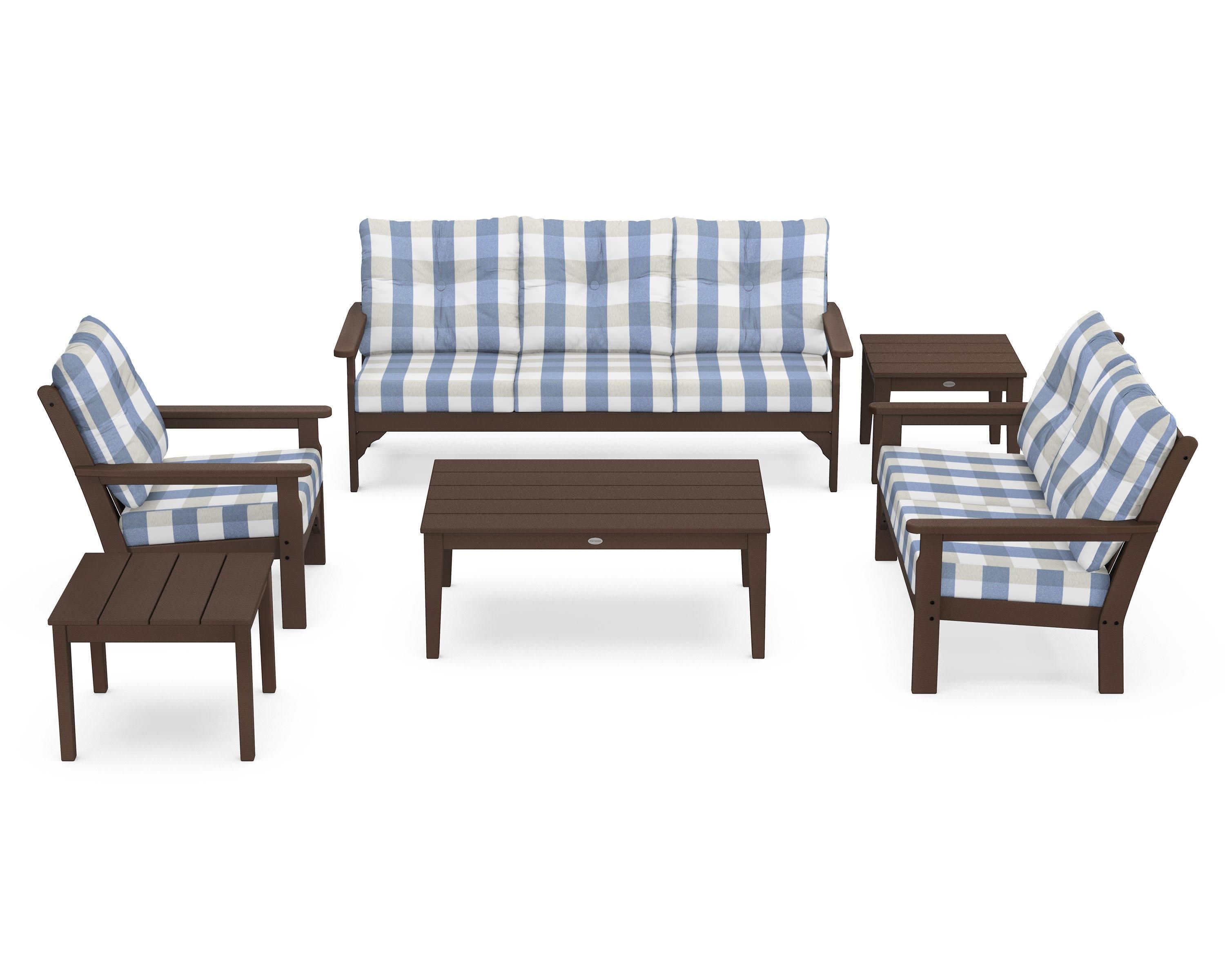 Vineyard 6-Piece Deep Seating Set in Mahogany / Buffalo Plaid Sky Blue