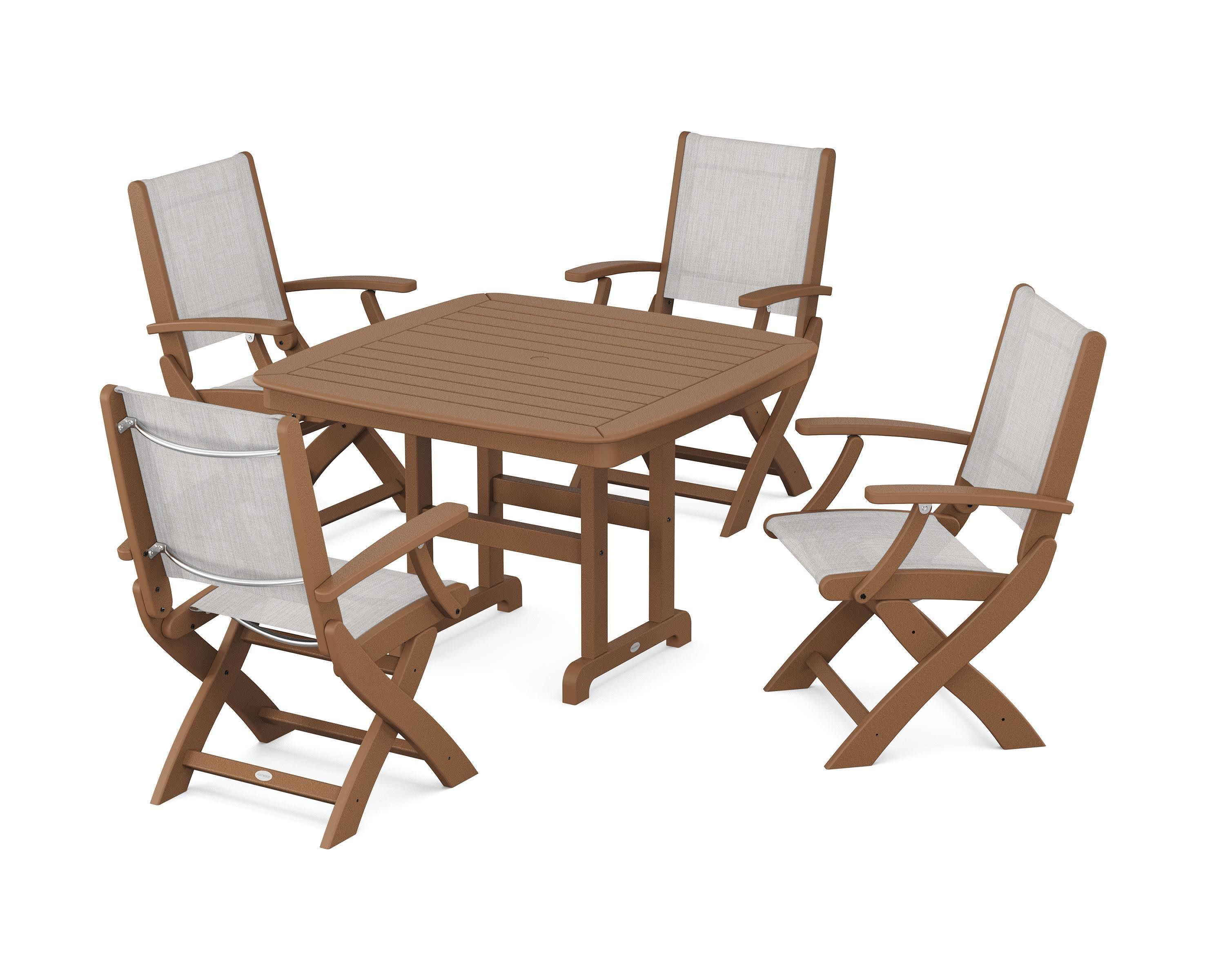 Coastal Folding Chair 5-Piece Dining Set in Teak / Parchment Sling
