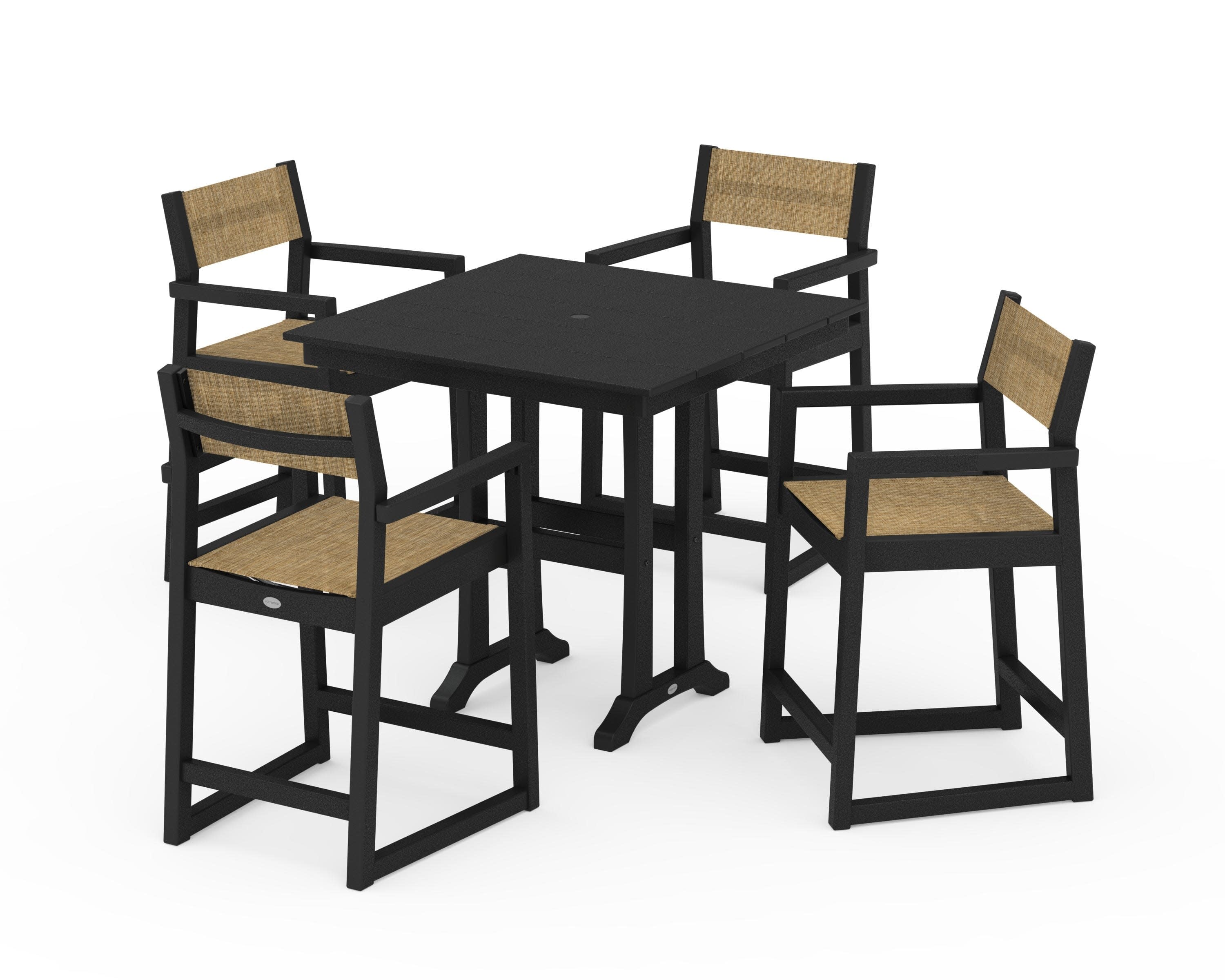 EDGE Sling Arm Chair 5-Piece Farmhouse Counter Set with Trestle Legs in Black / Burlap Sling
