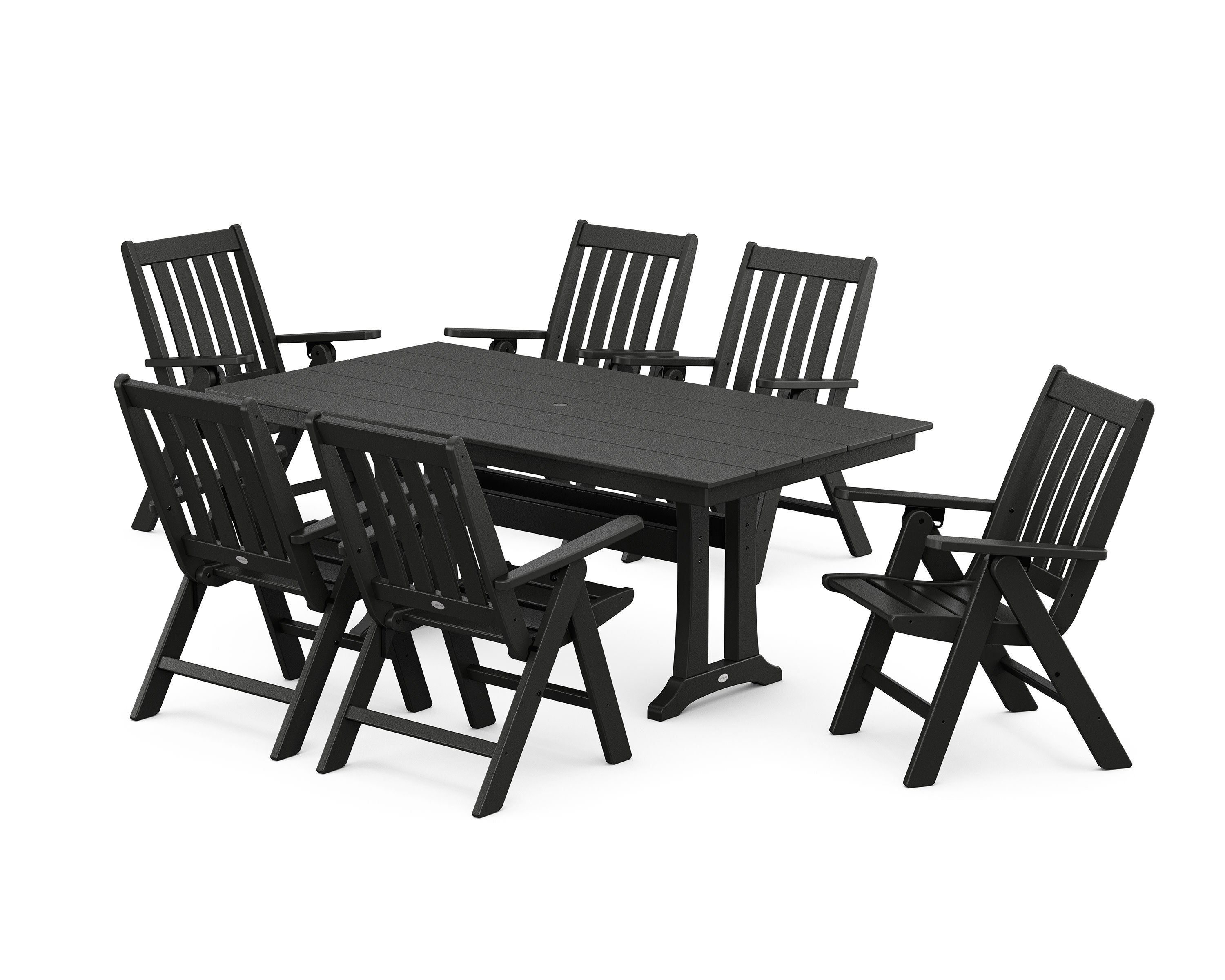 Vineyard Folding Chair 7-Piece Farmhouse Dining Set with Trestle Legs in Black