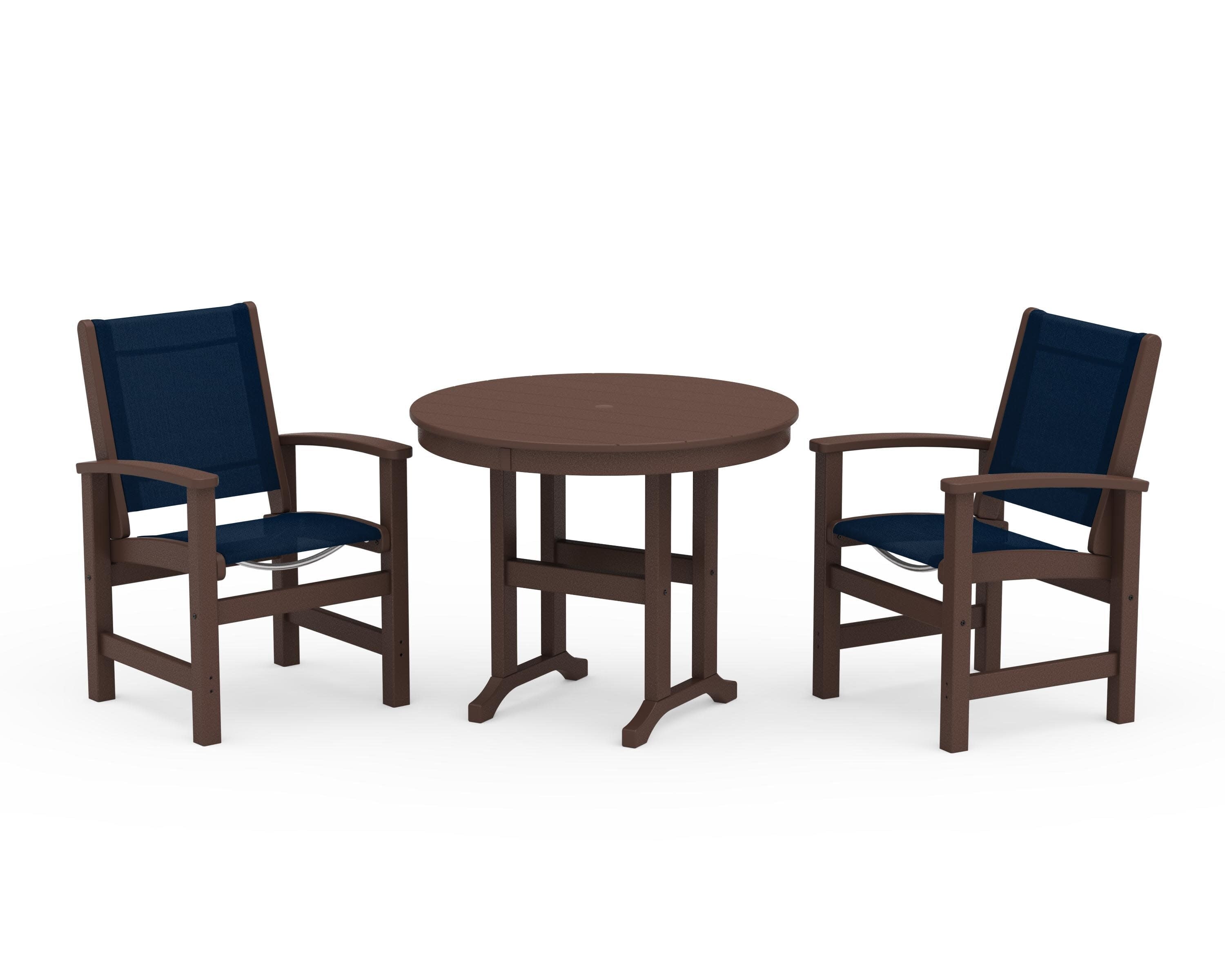 Coastal 3-Piece Round Dining Set in Mahogany / Navy Blue Sling