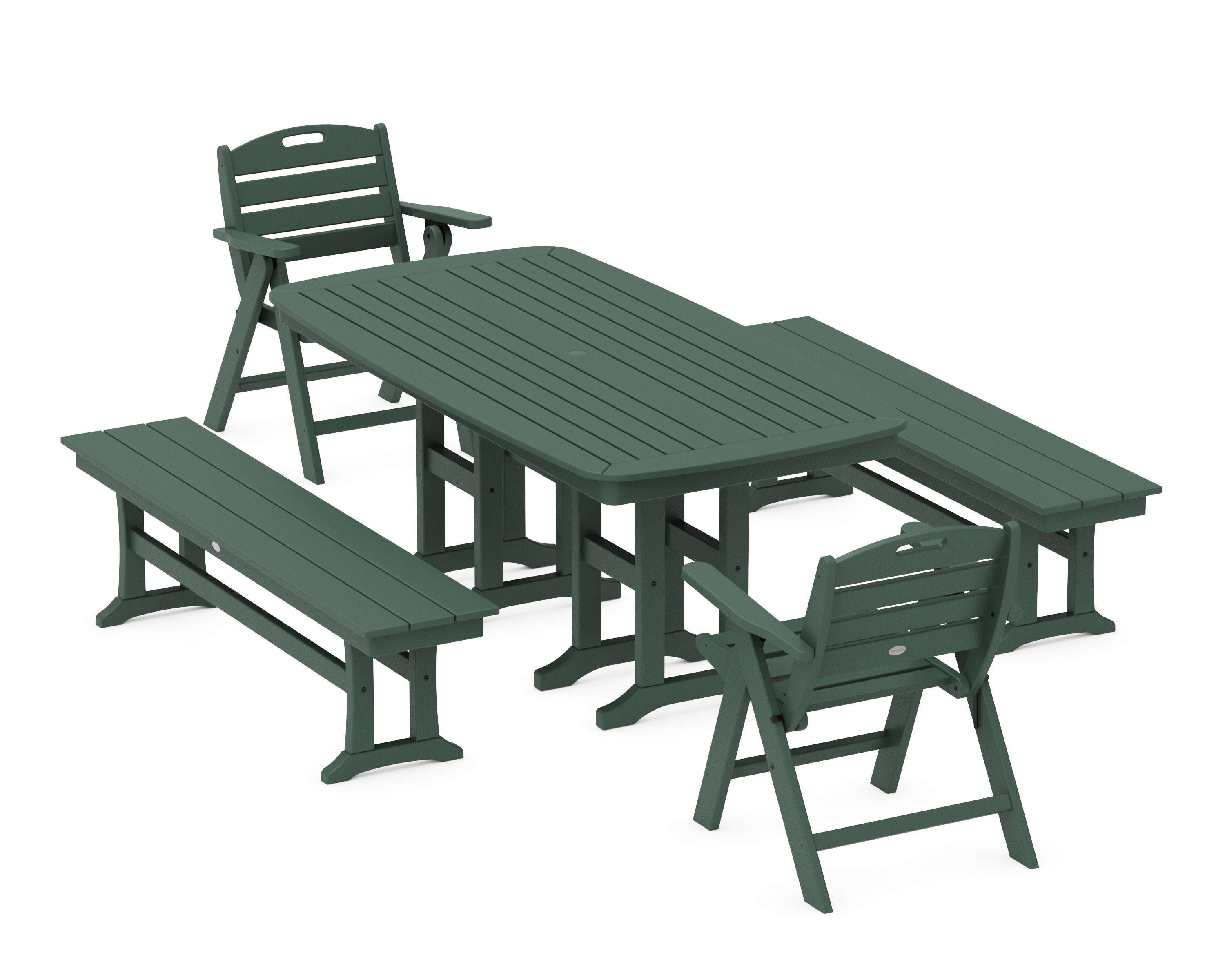 Nautical Lowback 5-Piece Dining Set with Benches in Green