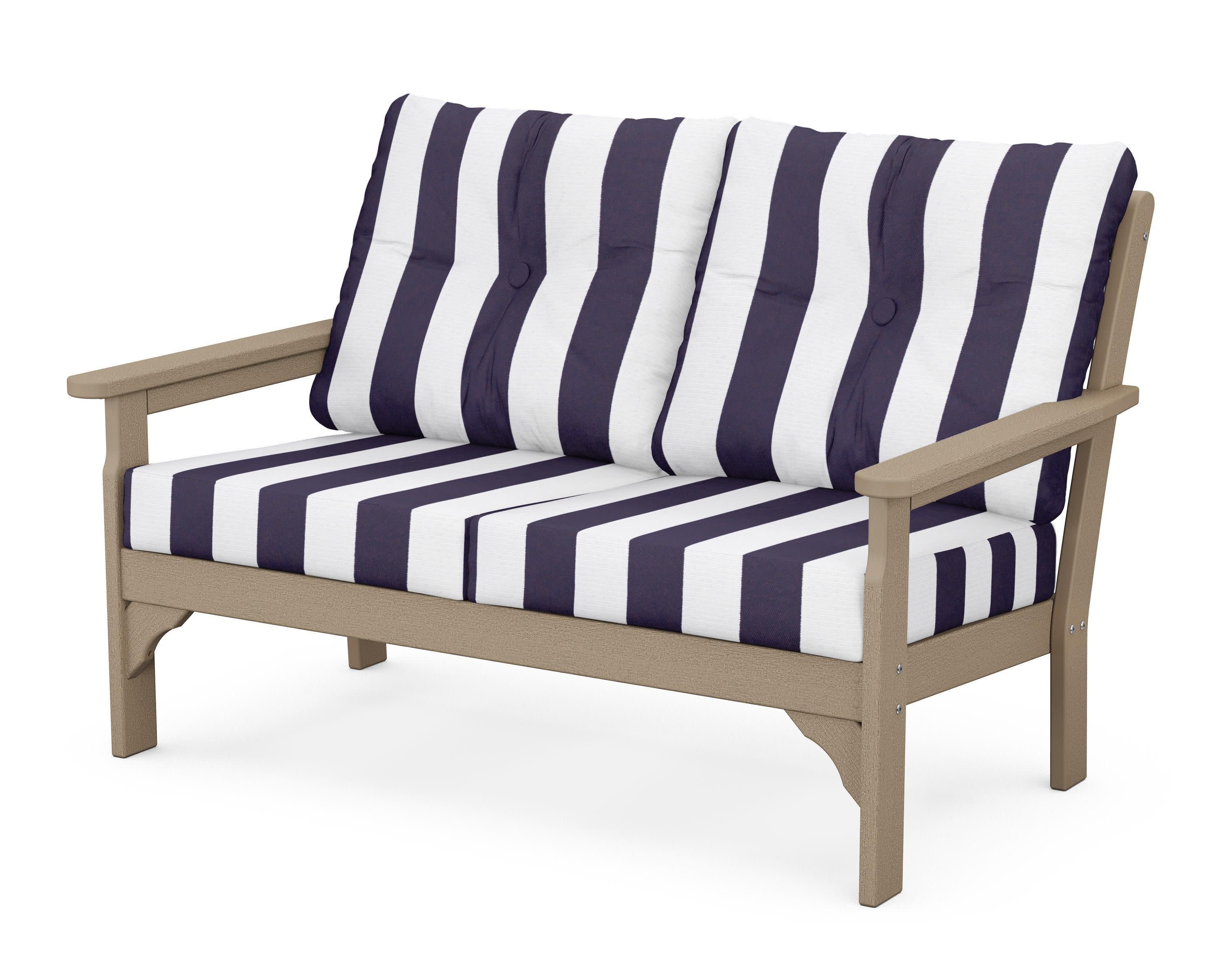 Vineyard Deep Seating Loveseat in Vintage Sahara / Cabana Stripe Navy