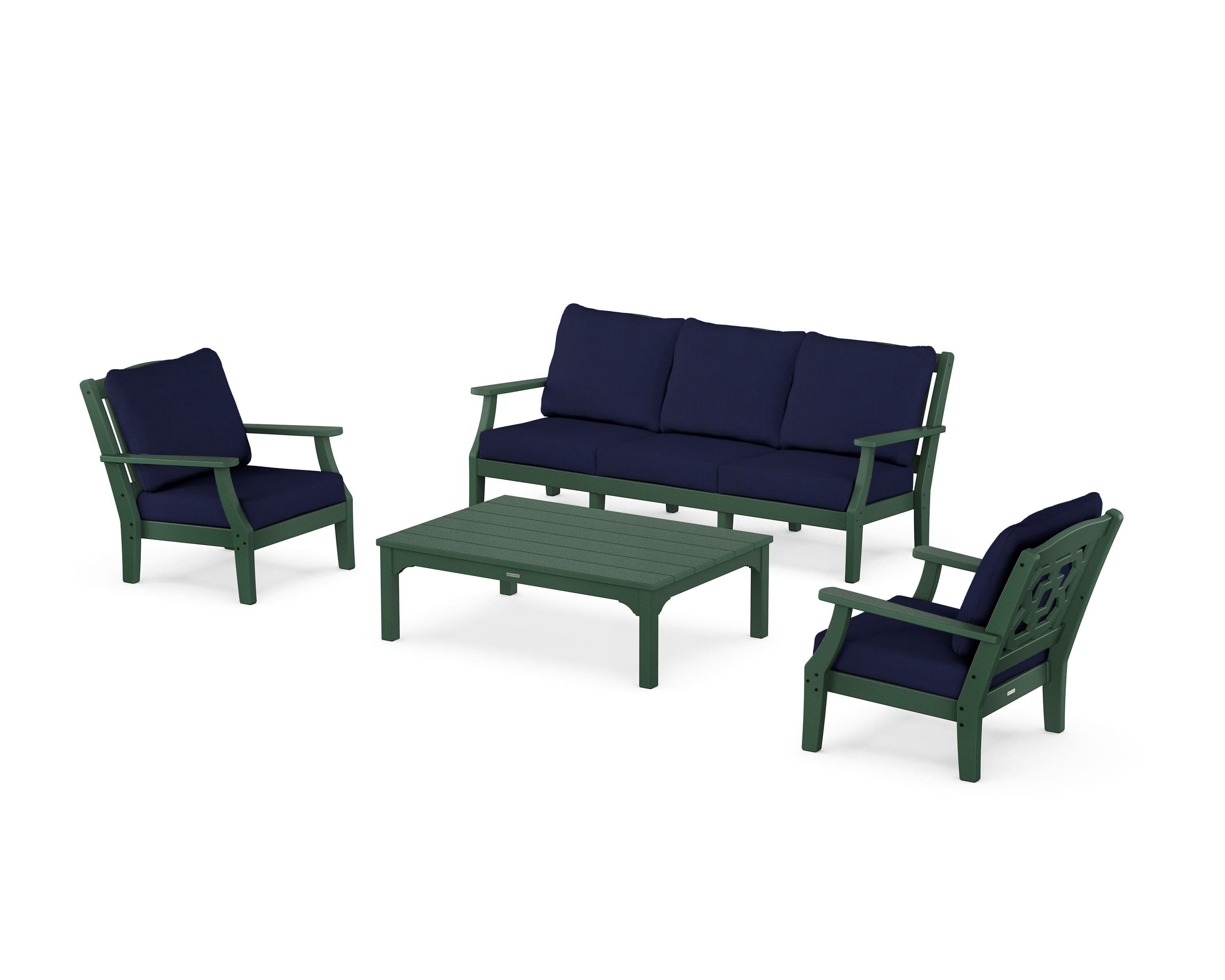 Chinoiserie 4-Piece Deep Seating Set with Sofa in Green / Navy