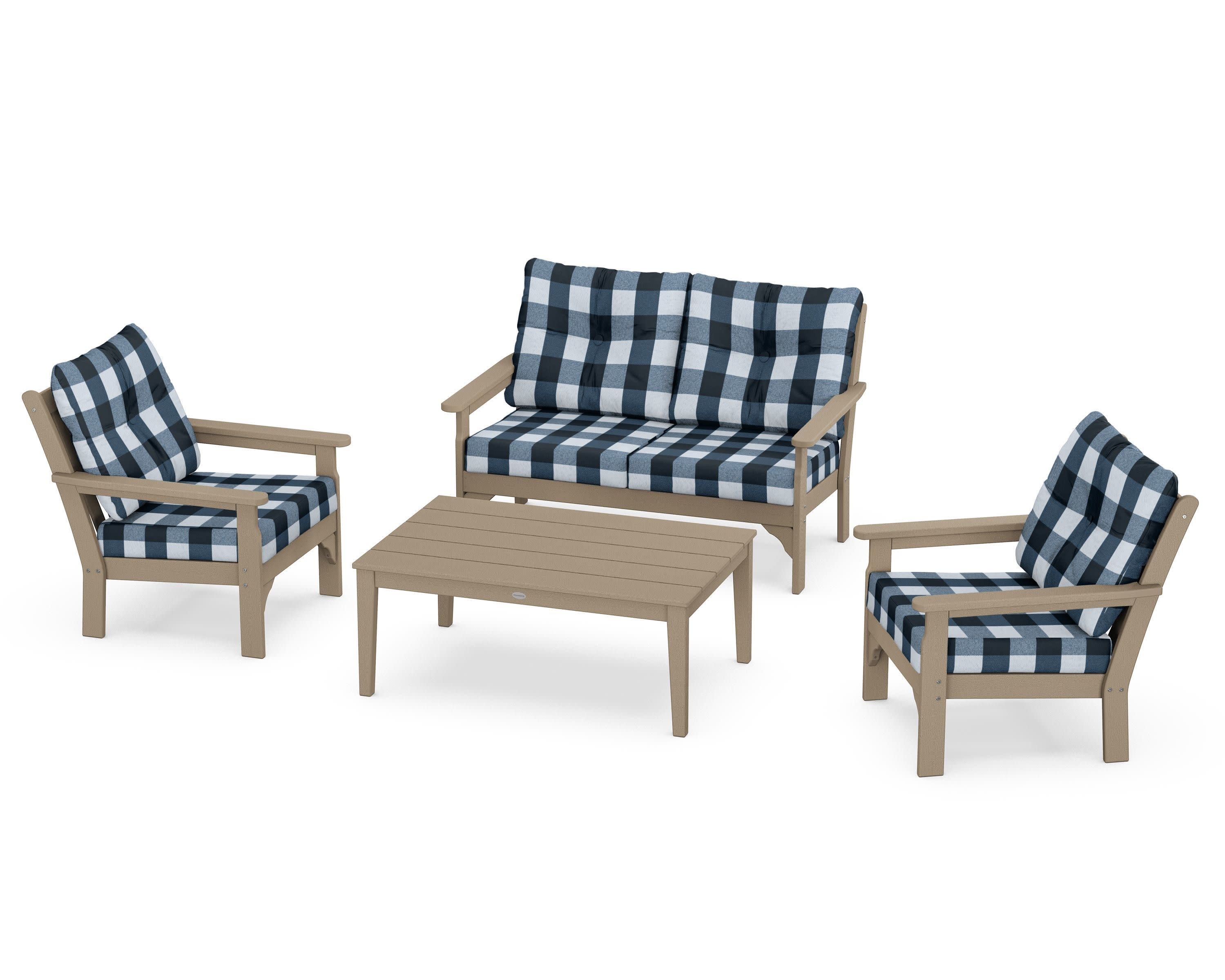 Vineyard 4-Piece Deep Seating Set in Vintage Sahara / Buffalo Plaid Marine Indigo