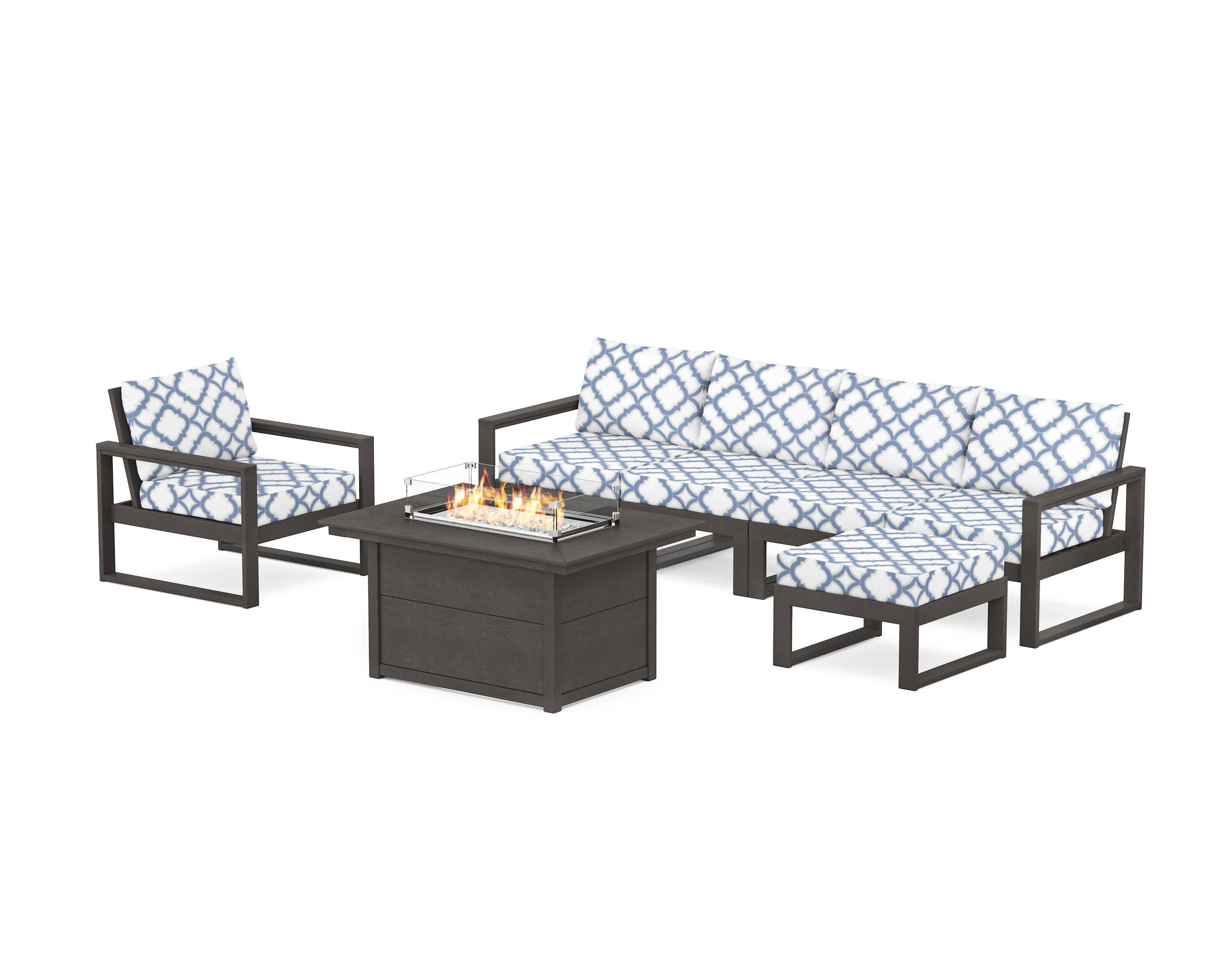 EDGE Sectional Lounge and Fire Pit Set in Vintage Coffee / Trellis Sky Blue
