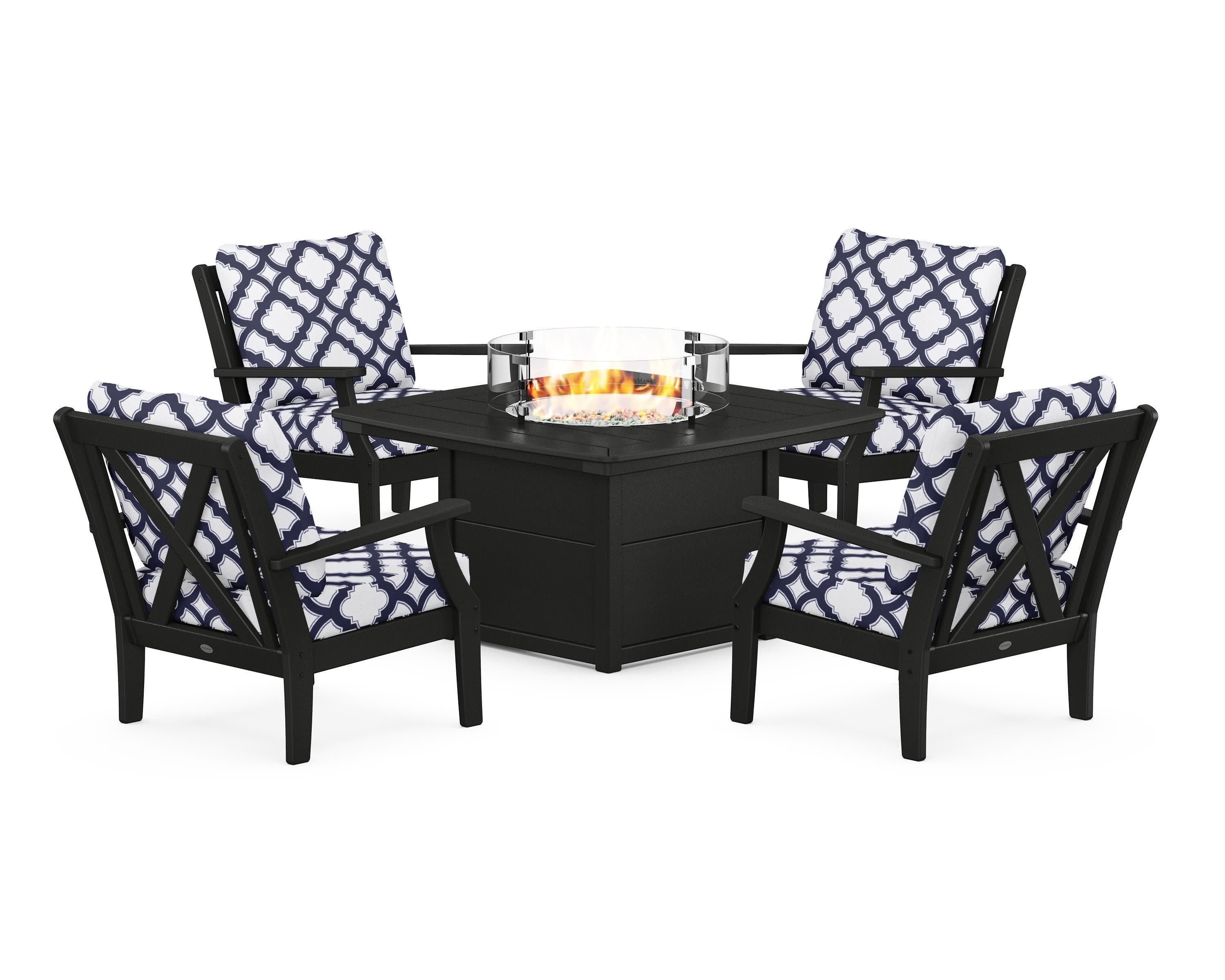 Braxton 5-Piece Deep Seating Conversation Set with Fire Pit Table in Black / Trellis Navy