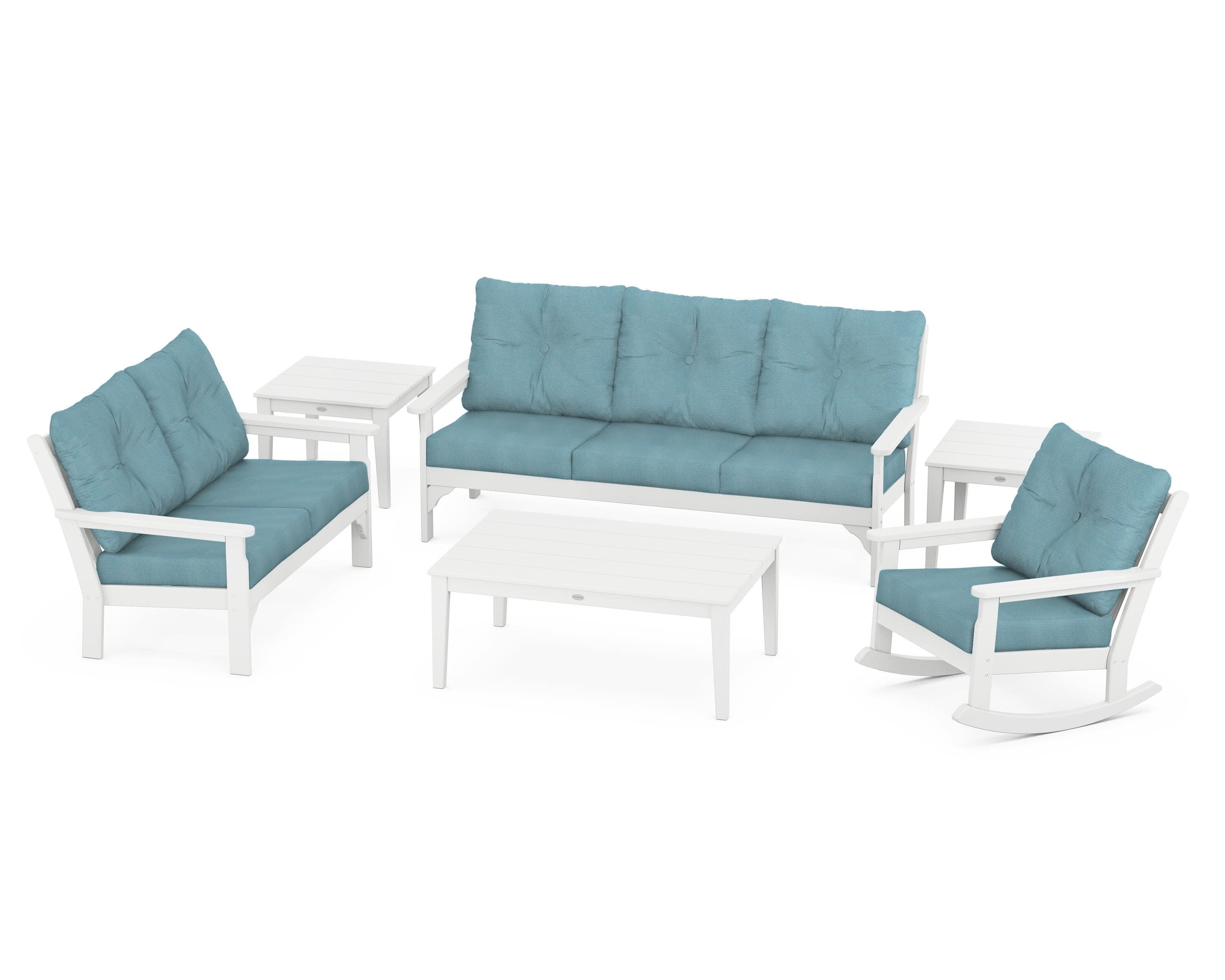 Vineyard 6-Piece Deep Seating Set in White / Lattice Sky Blue