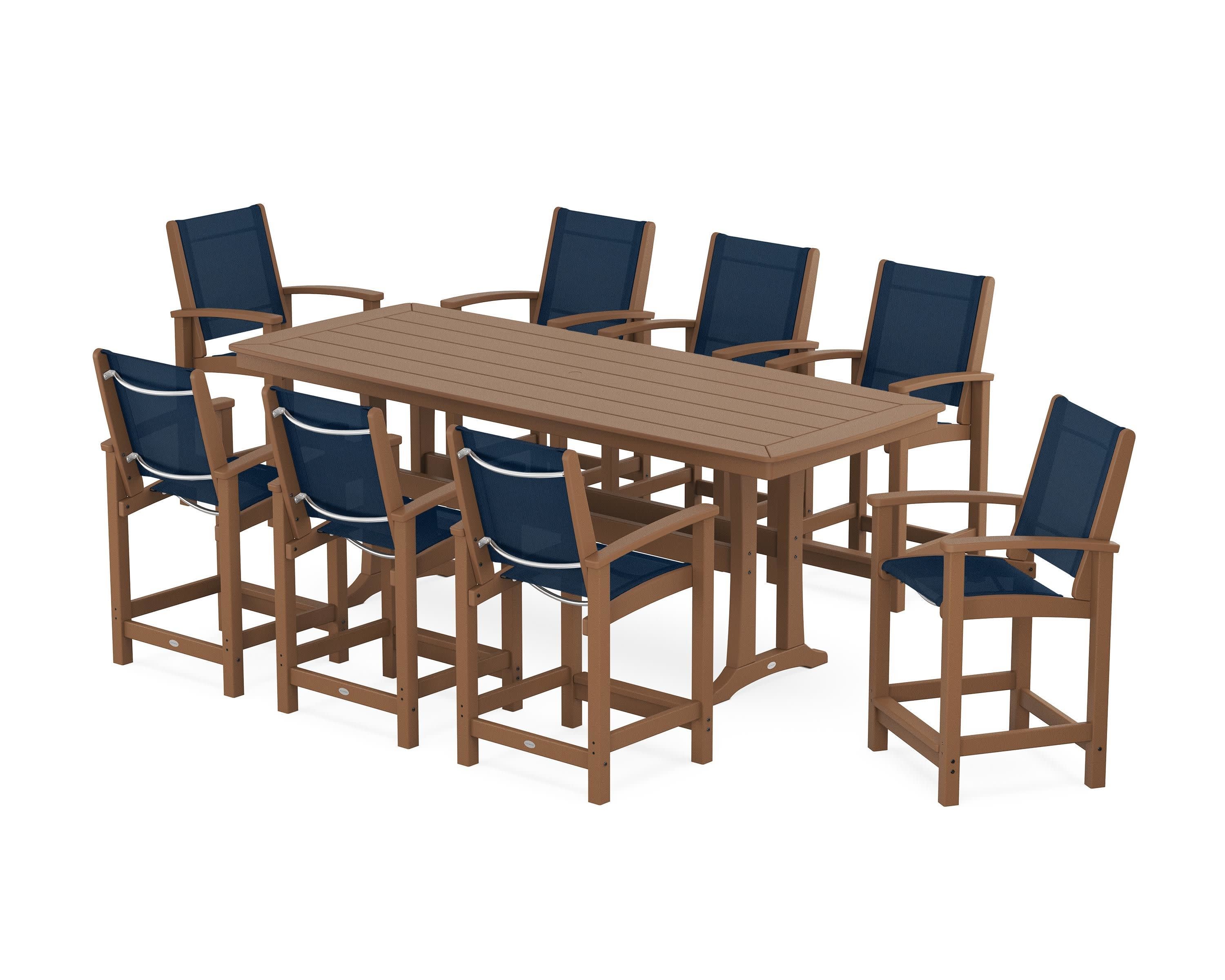 Coastal 9-Piece Counter Set with Trestle Legs in Teak / Navy Blue Sling
