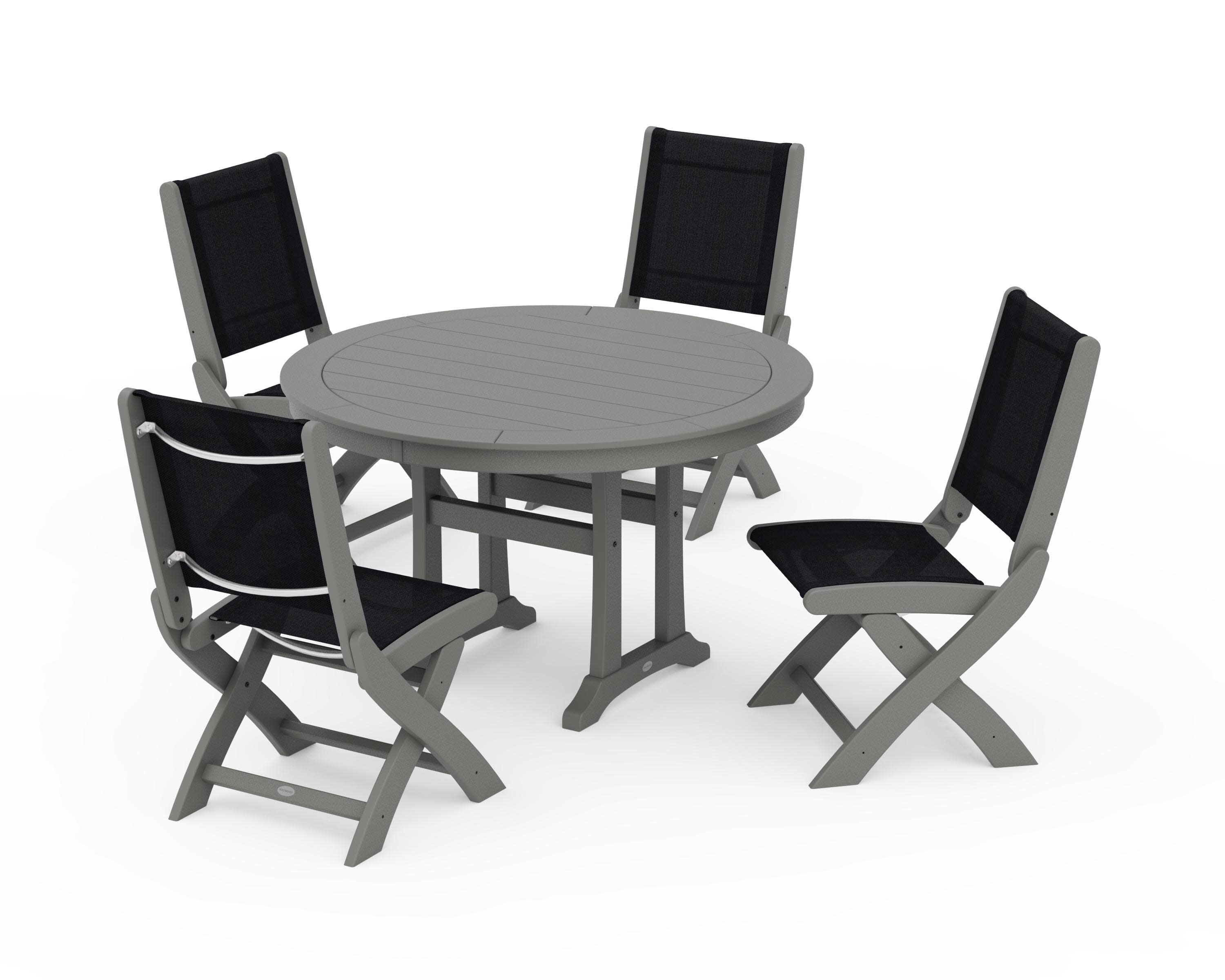 Coastal Folding Side Chair 5-Piece Round Dining Set With Trestle Legs in Slate Grey / Black Sling