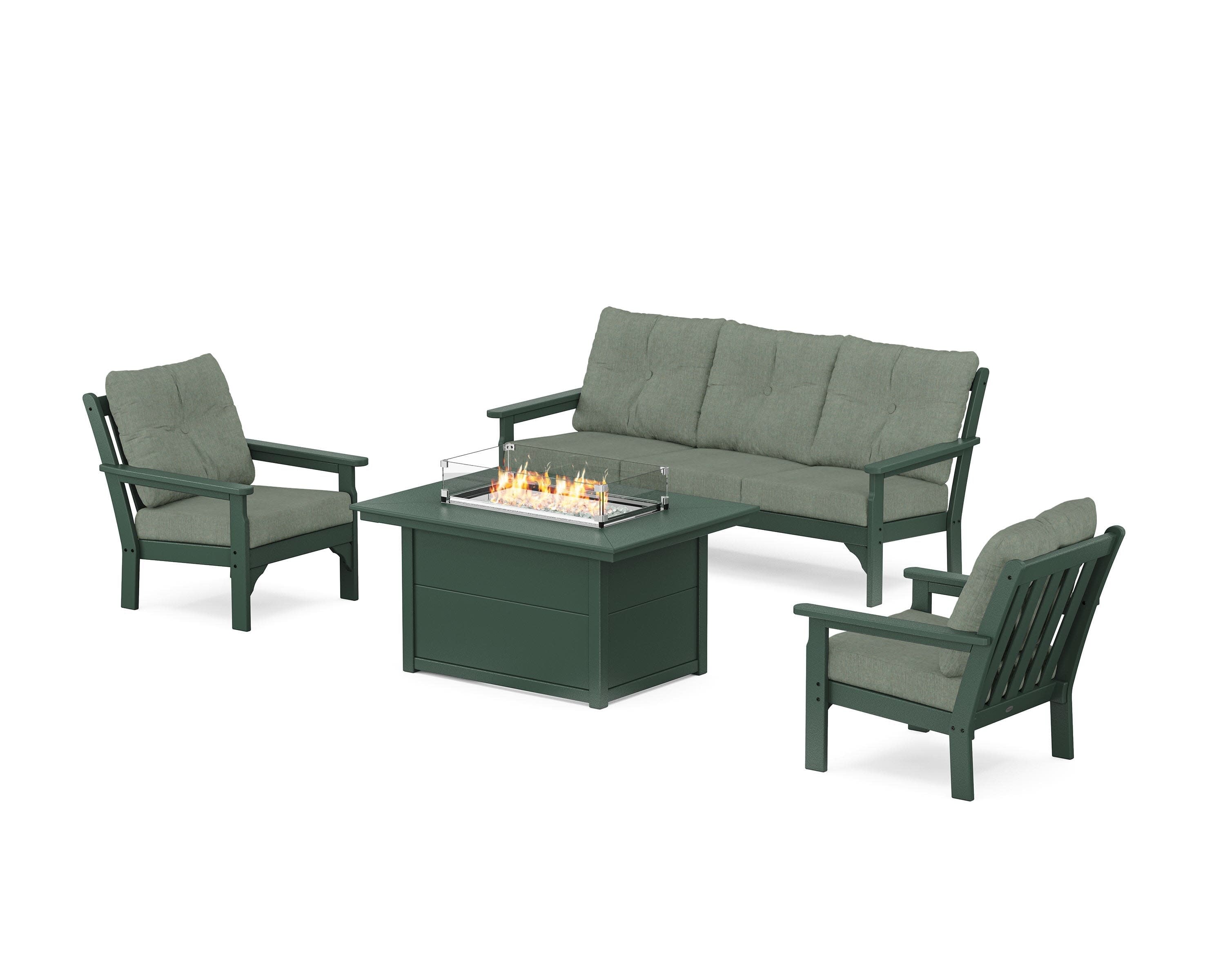 Vineyard Deep Seating Fire Pit Table Set in Green / Cast Sage