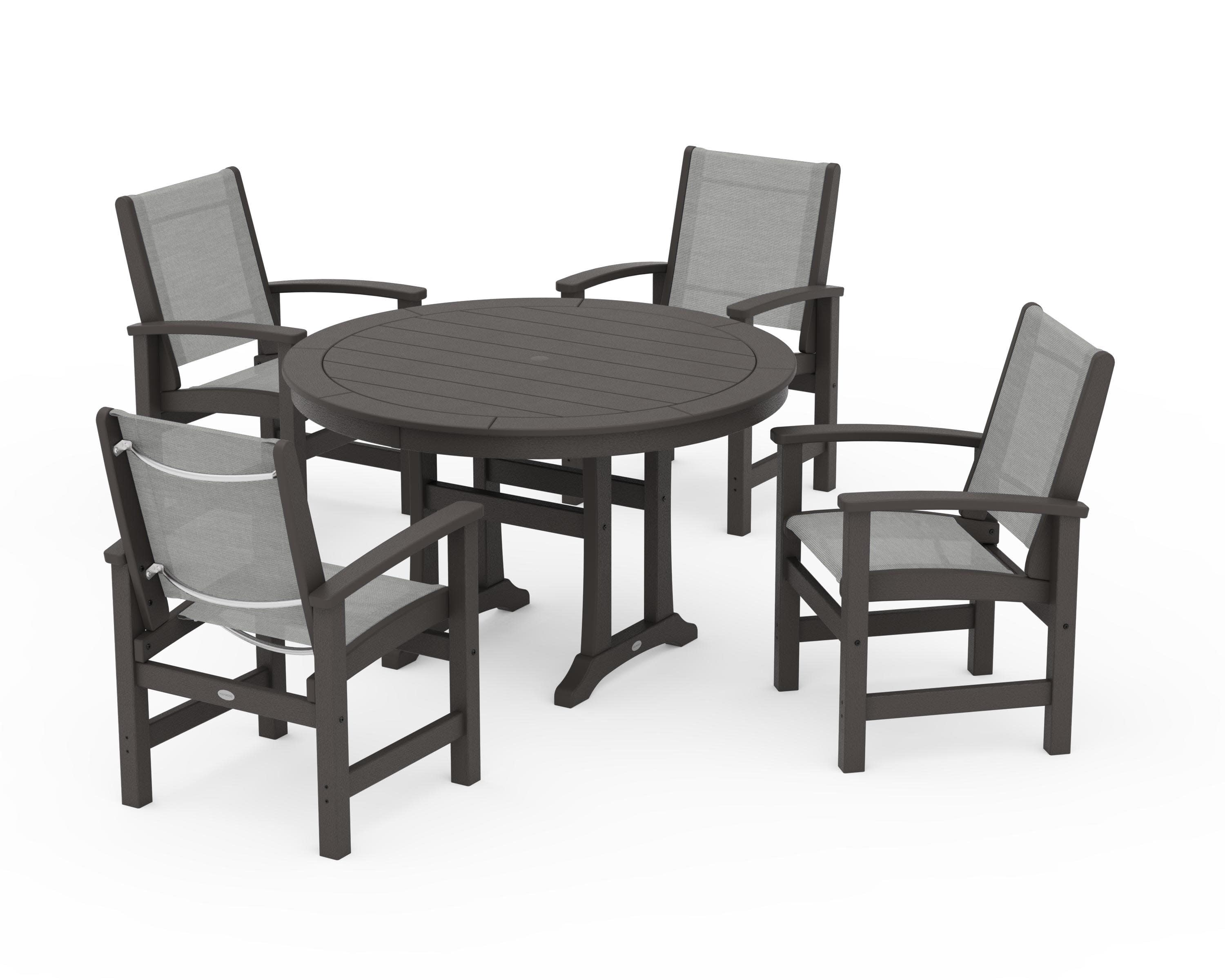 Coastal 5-Piece Round Dining Set with Trestle Legs in Vintage Coffee / Metallic Sling