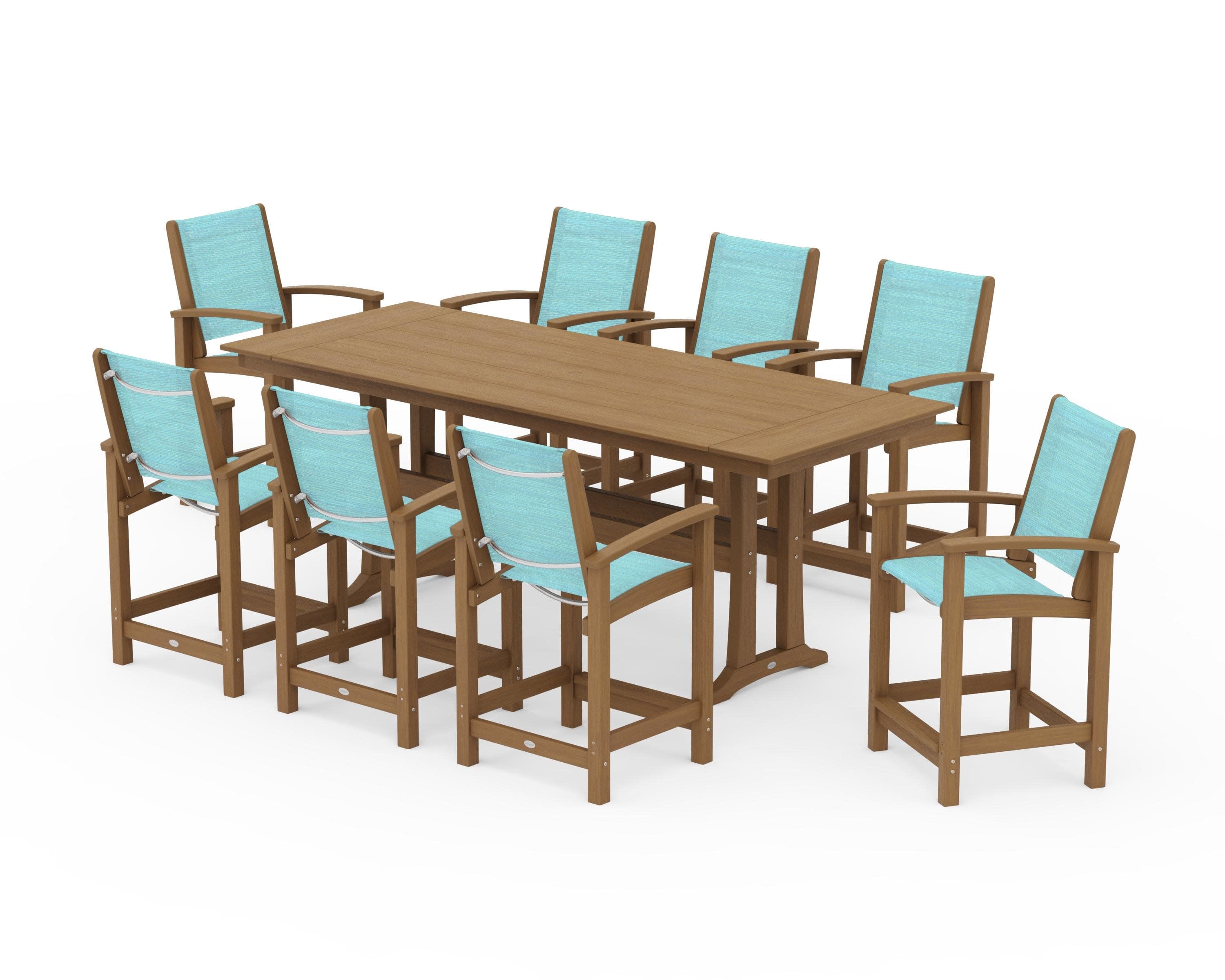 Coastal 9-Piece Farmhouse Counter Set with Trestle Legs in Natural / Dupioni Aquamarine Sling