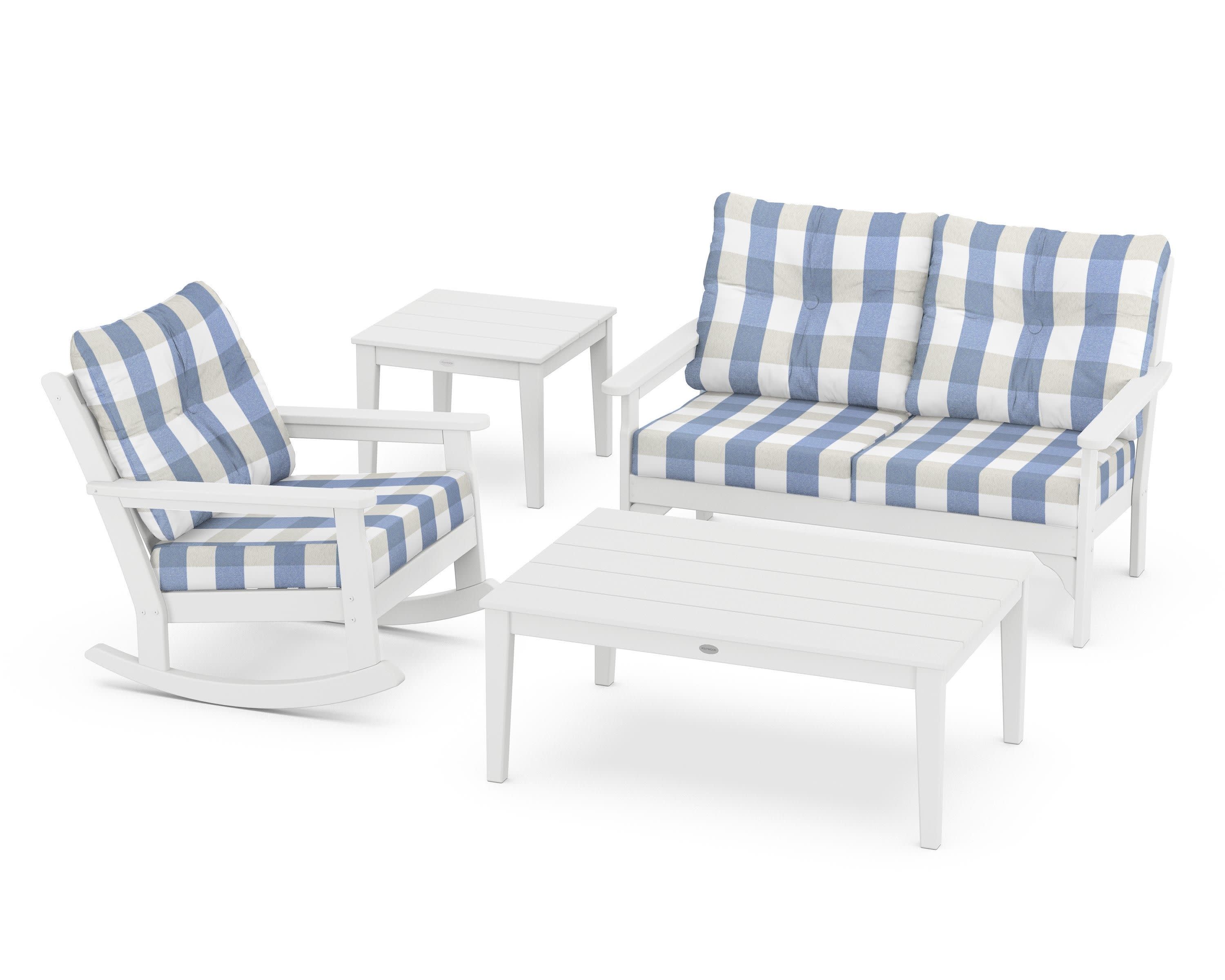Vineyard 4-Piece Deep Seating Rocker Set in White / Buffalo Plaid Sky Blue