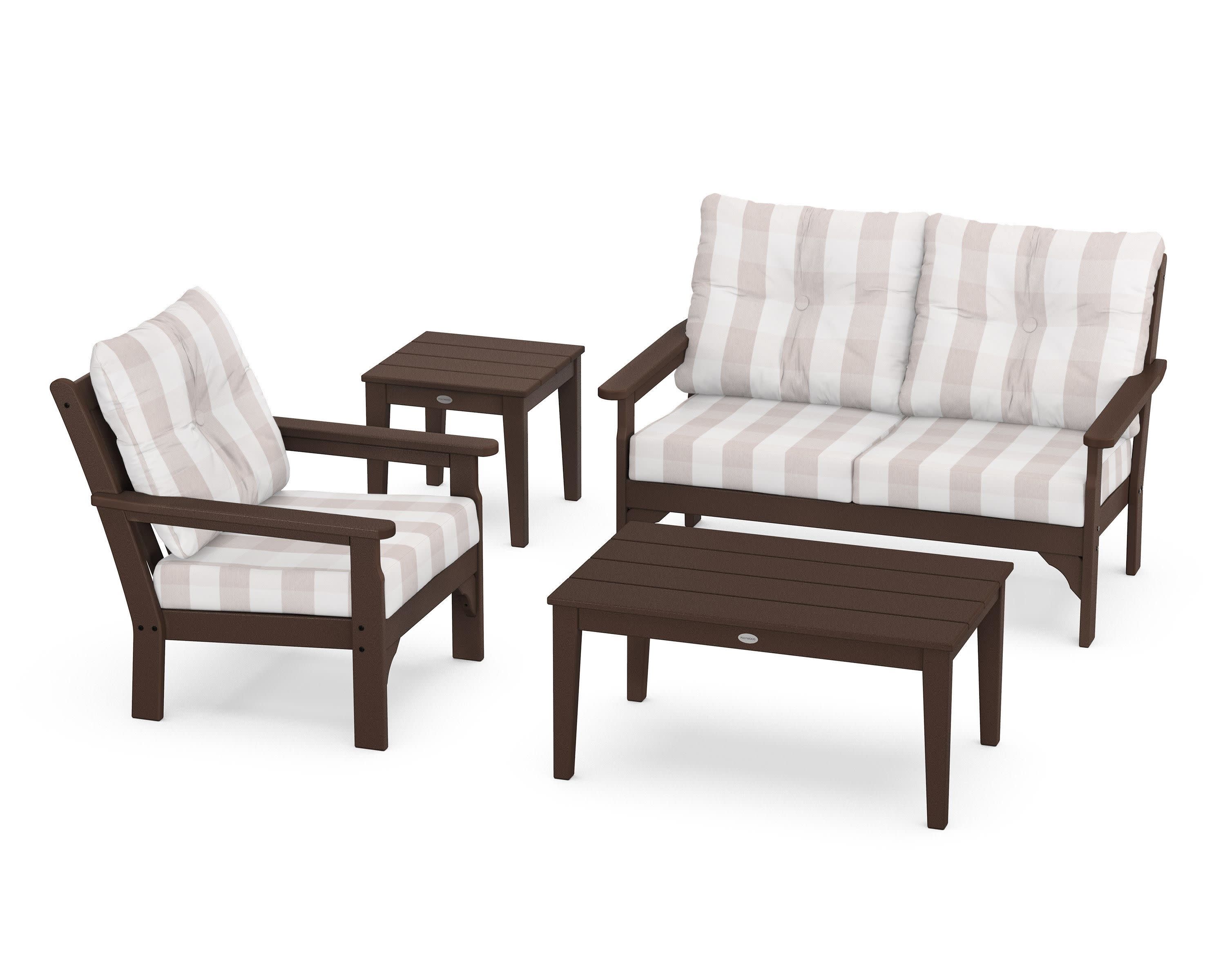 Vineyard 4-Piece Deep Seating Set in Mahogany / Buffalo Plaid Dune Burlap