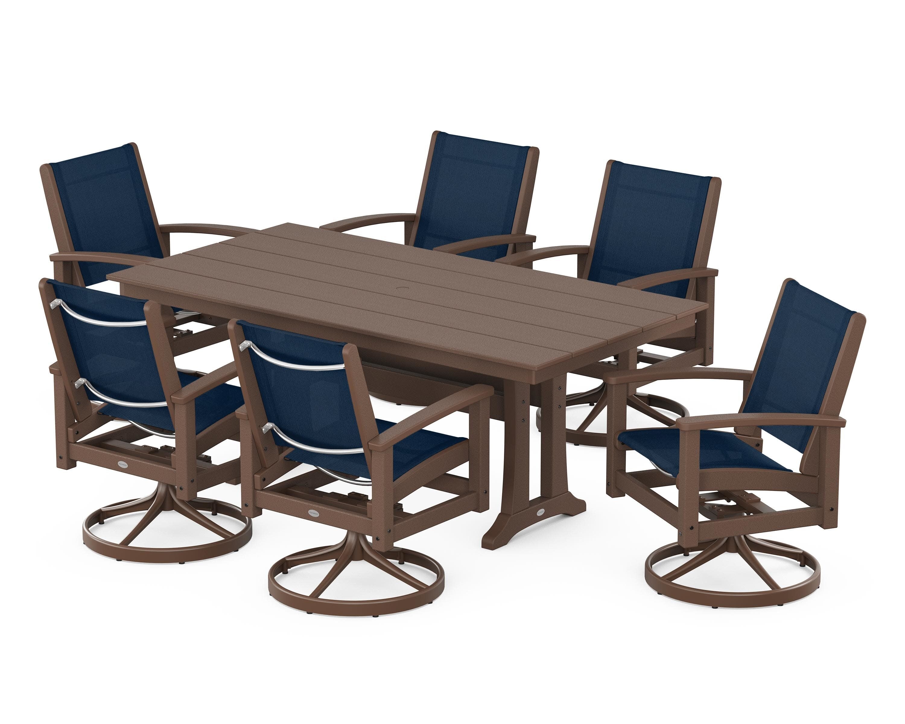 7 Piece Coastal Swivel Rocker Dining Set in Satin Mahogany / Mahogany / Navy Blue Sling