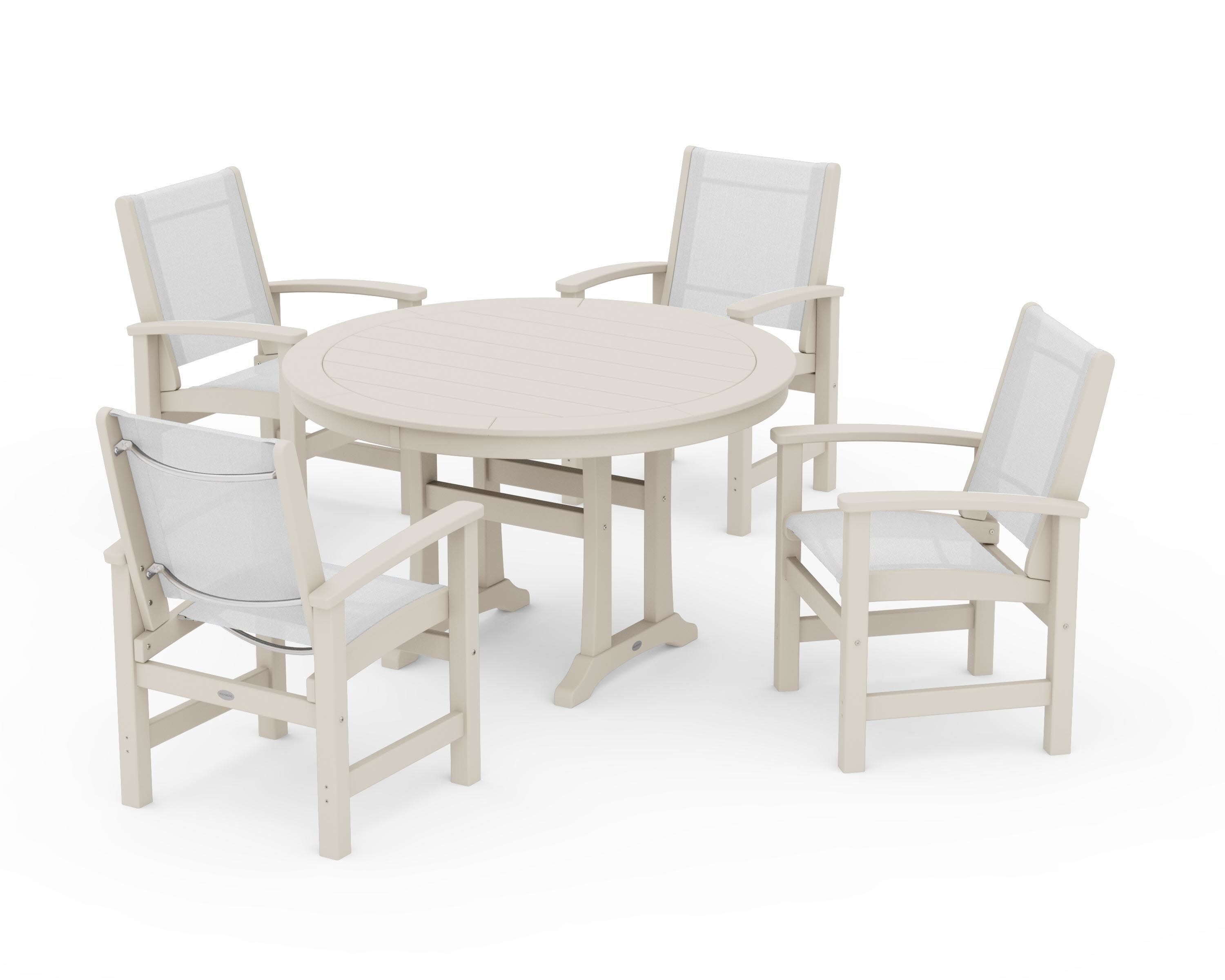 Coastal 5-Piece Round Dining Set with Trestle Legs in Sand / White Sling