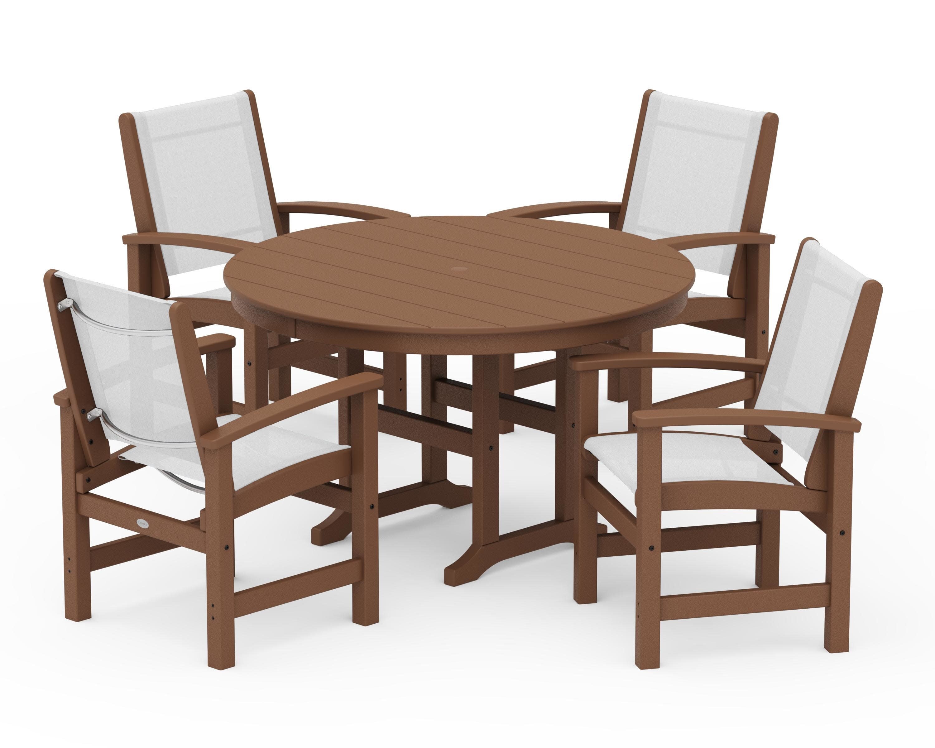 Coastal 5-Piece Round Farmhouse Dining Set in Teak / White Sling