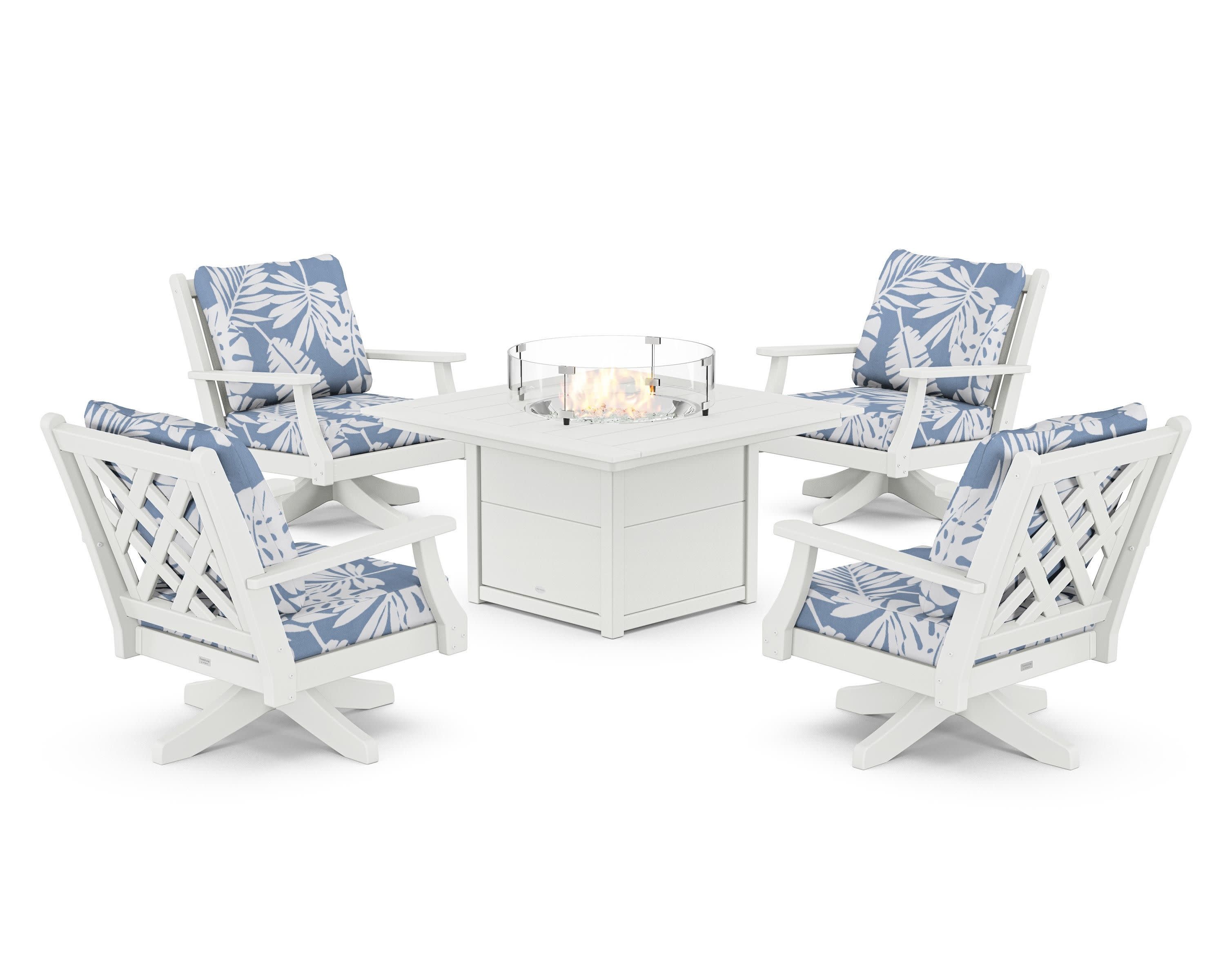 Wovendale 5-Piece Deep Seating Swivel Conversation Set with Fire Pit Table in White / Leaf Sky Blue