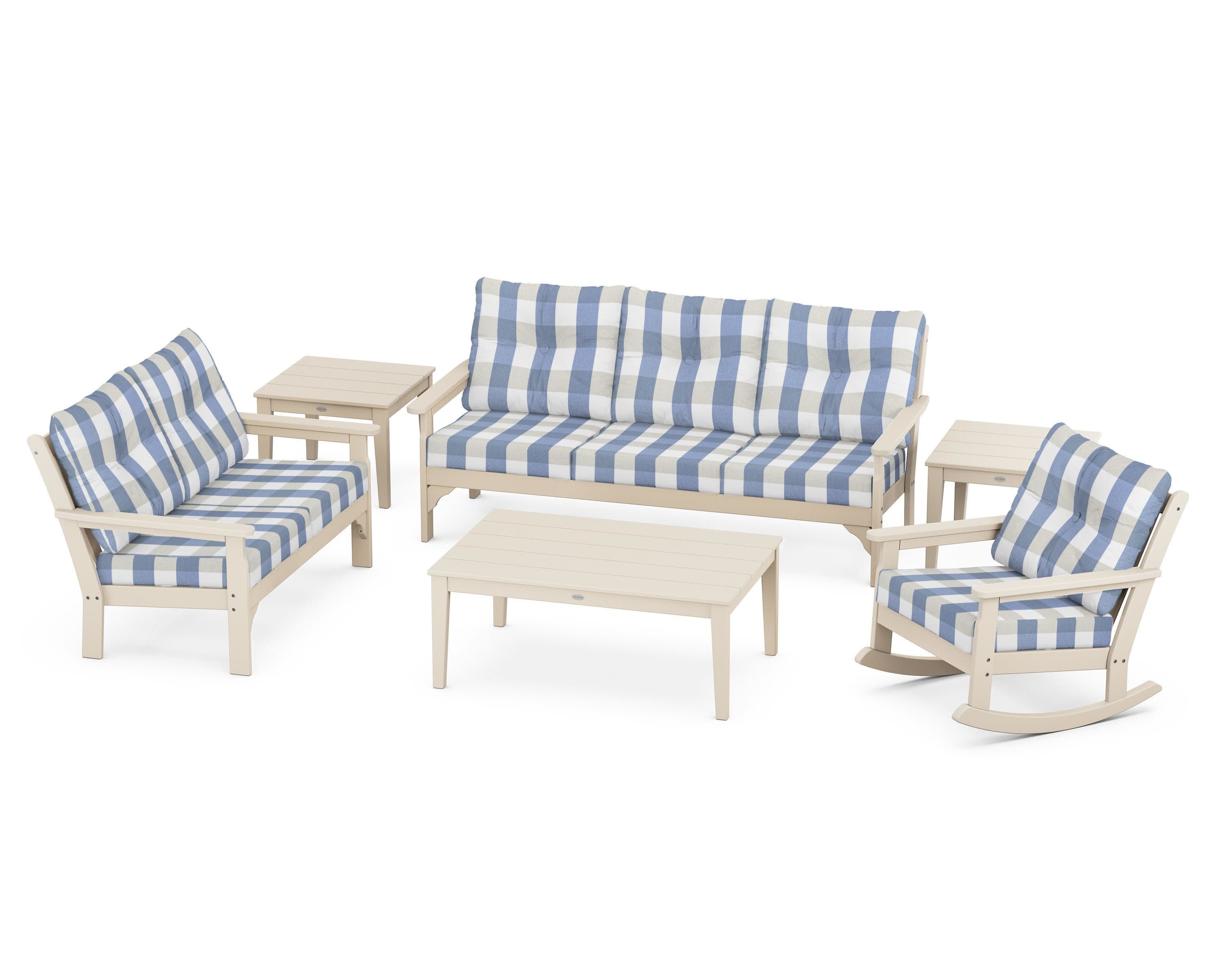 Vineyard 6-Piece Deep Seating Set in Sand / Buffalo Plaid Sky Blue