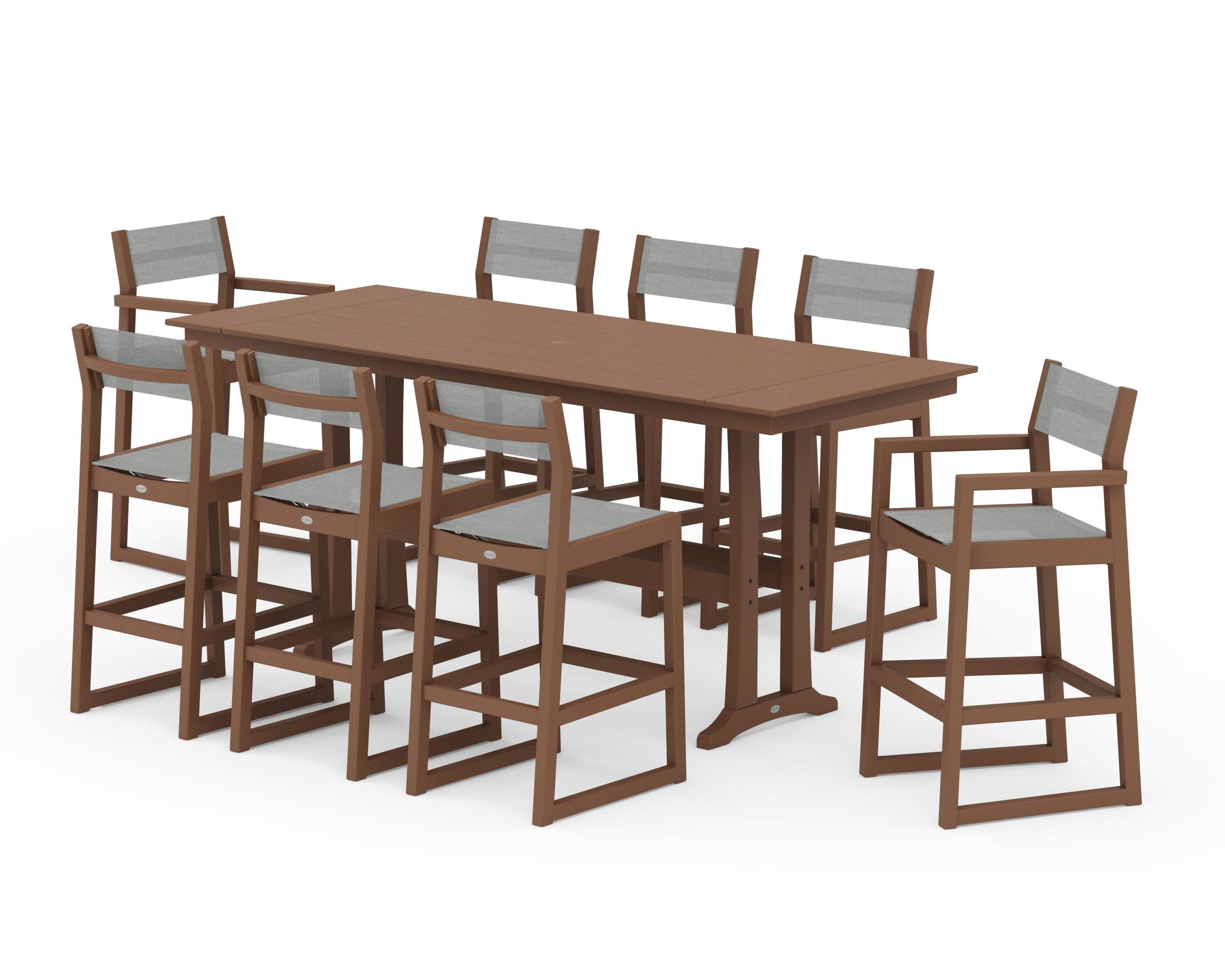 EDGE Sling 9-Piece Farmhouse Bar Set with Trestle Legs in Teak / Metallic Sling