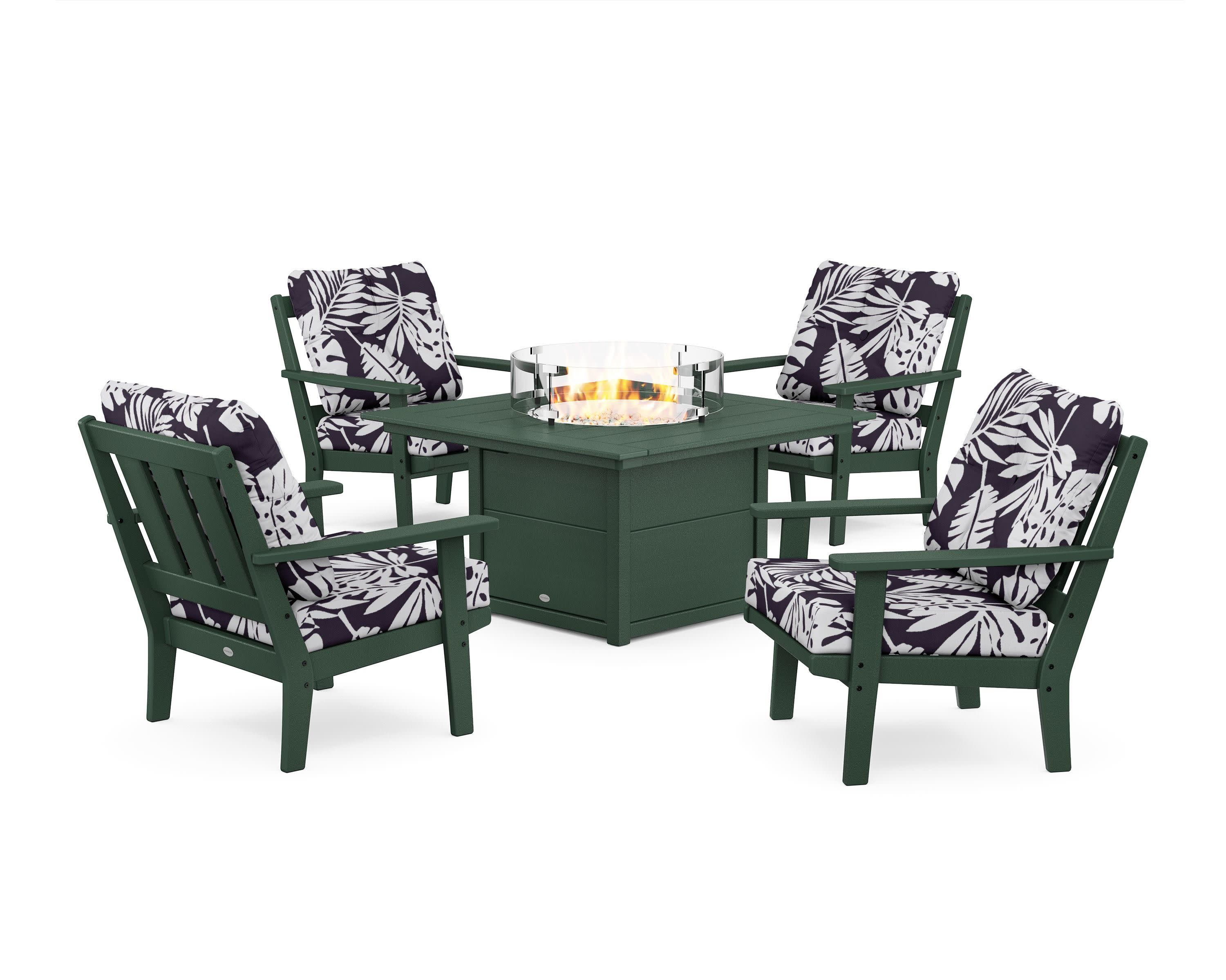 Oxford 5-Piece Deep Seating Set with Fire Pit Table in Green / Leaf Navy