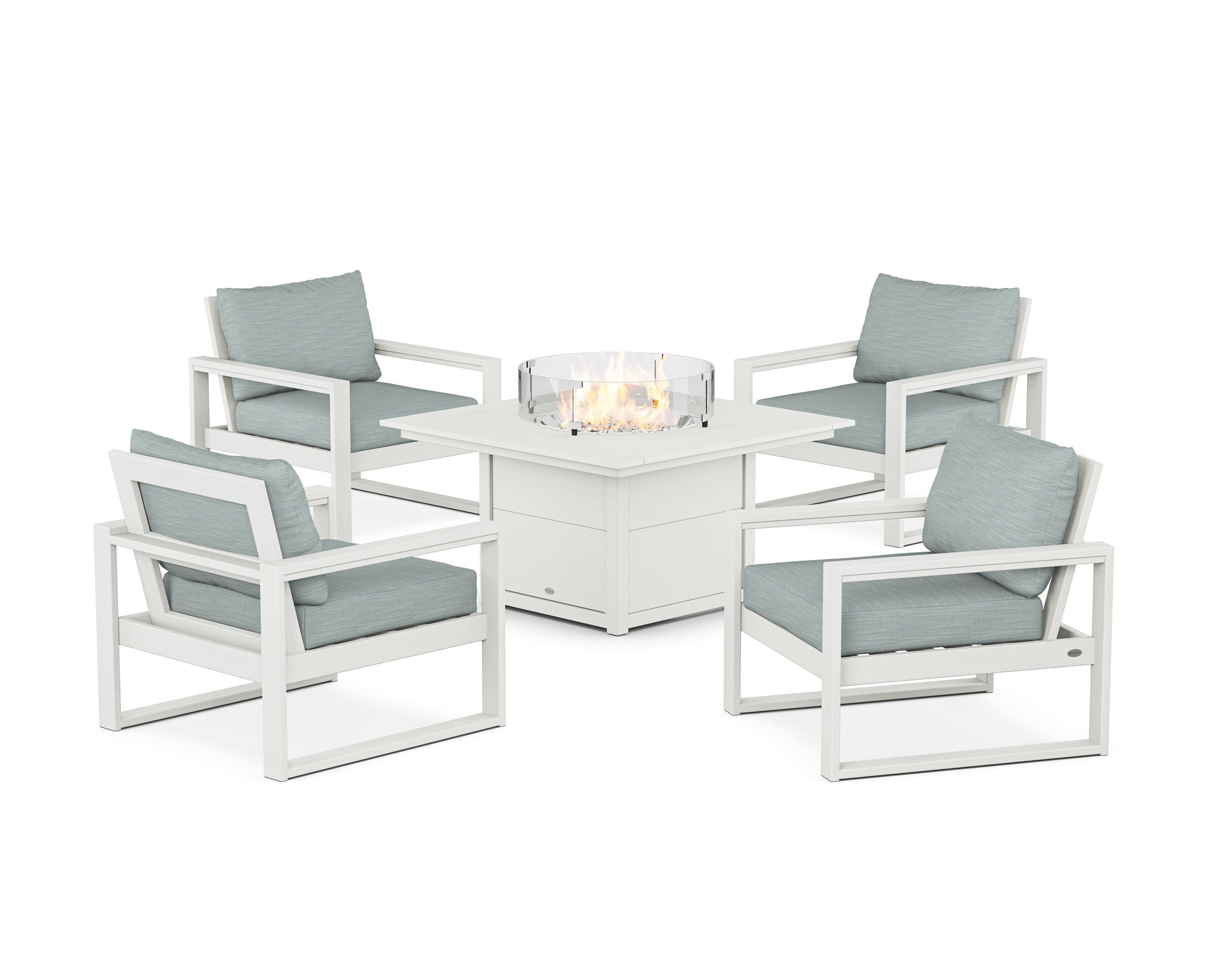 EDGE Sectional 5-Piece Deep Seating Set with Fire Pit Table in Vintage White / Soothe Mist