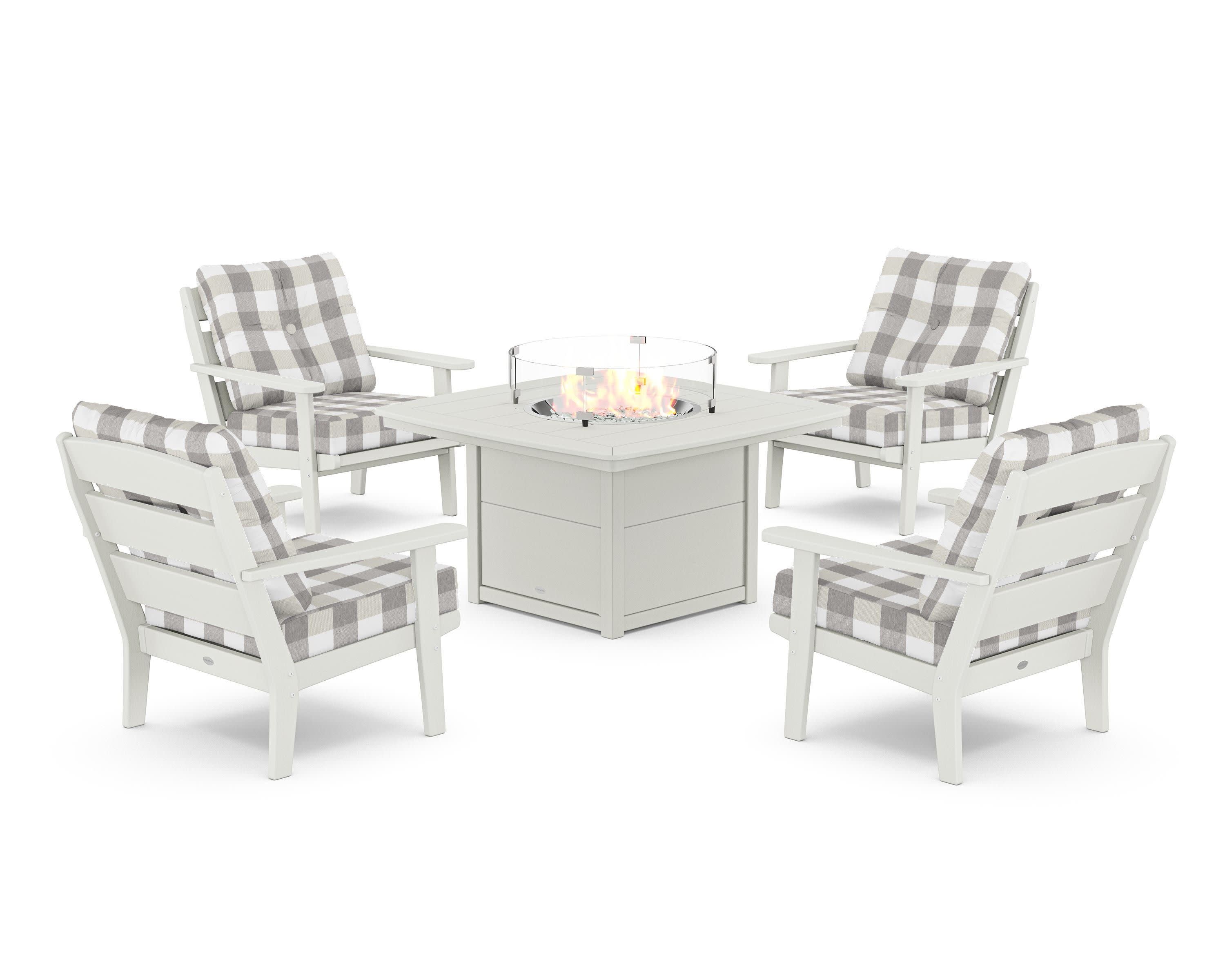 Lakeside 5-Piece Deep Seating Set with Nautical Fire Pit Table in Vintage White / Buffalo Plaid Grey Mist