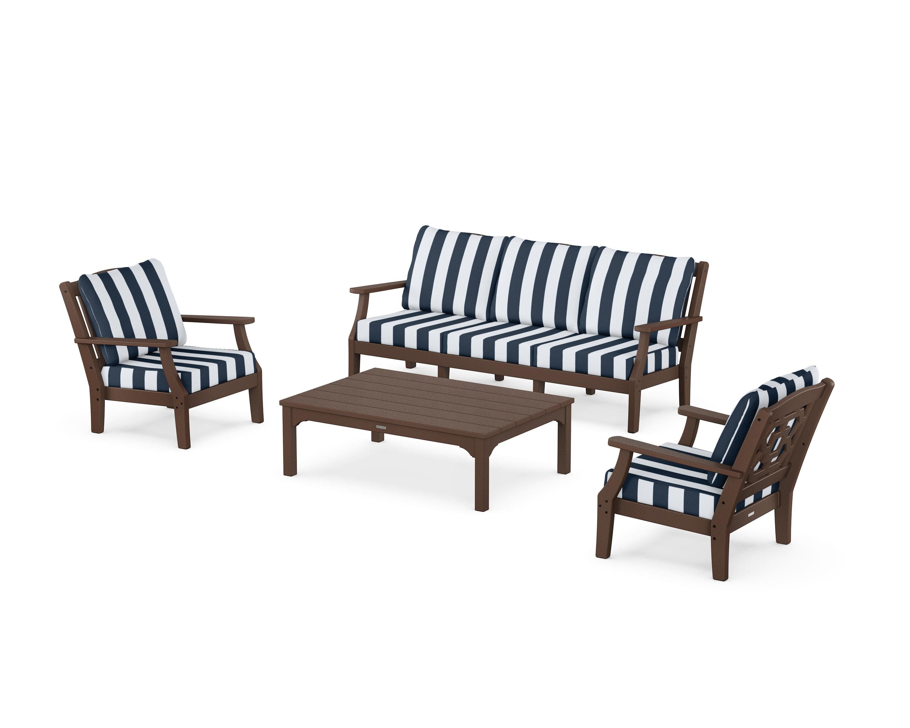 Chinoiserie 4-Piece Deep Seating Set with Sofa in Mahogany / Cabana Stripe Marine Indigo