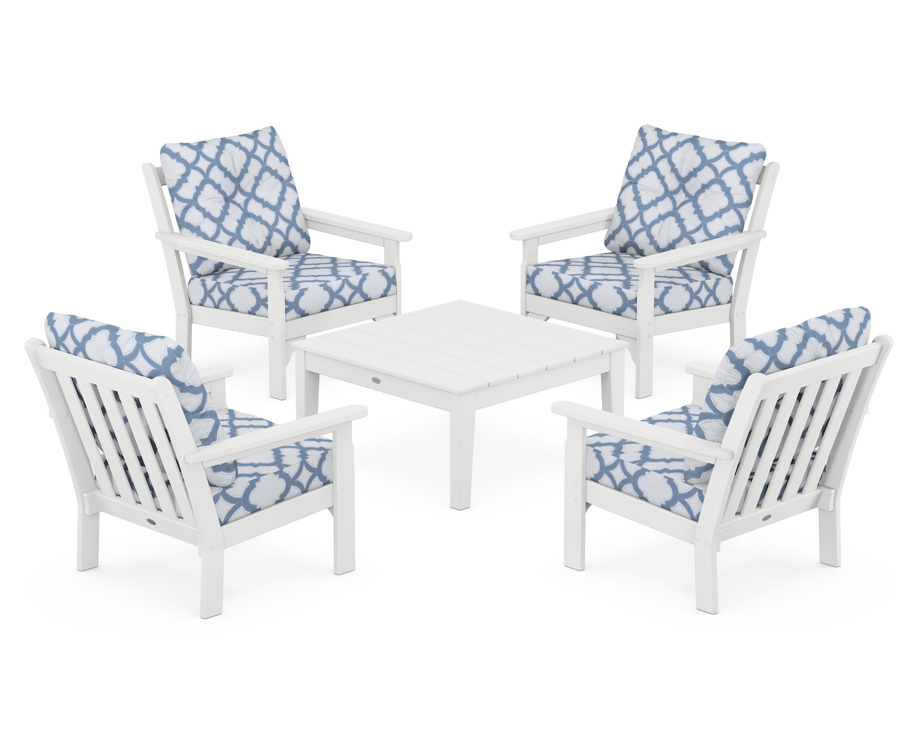 Vineyard 5-Piece Deep Seating Conversation Set in White / Trellis Sky Blue