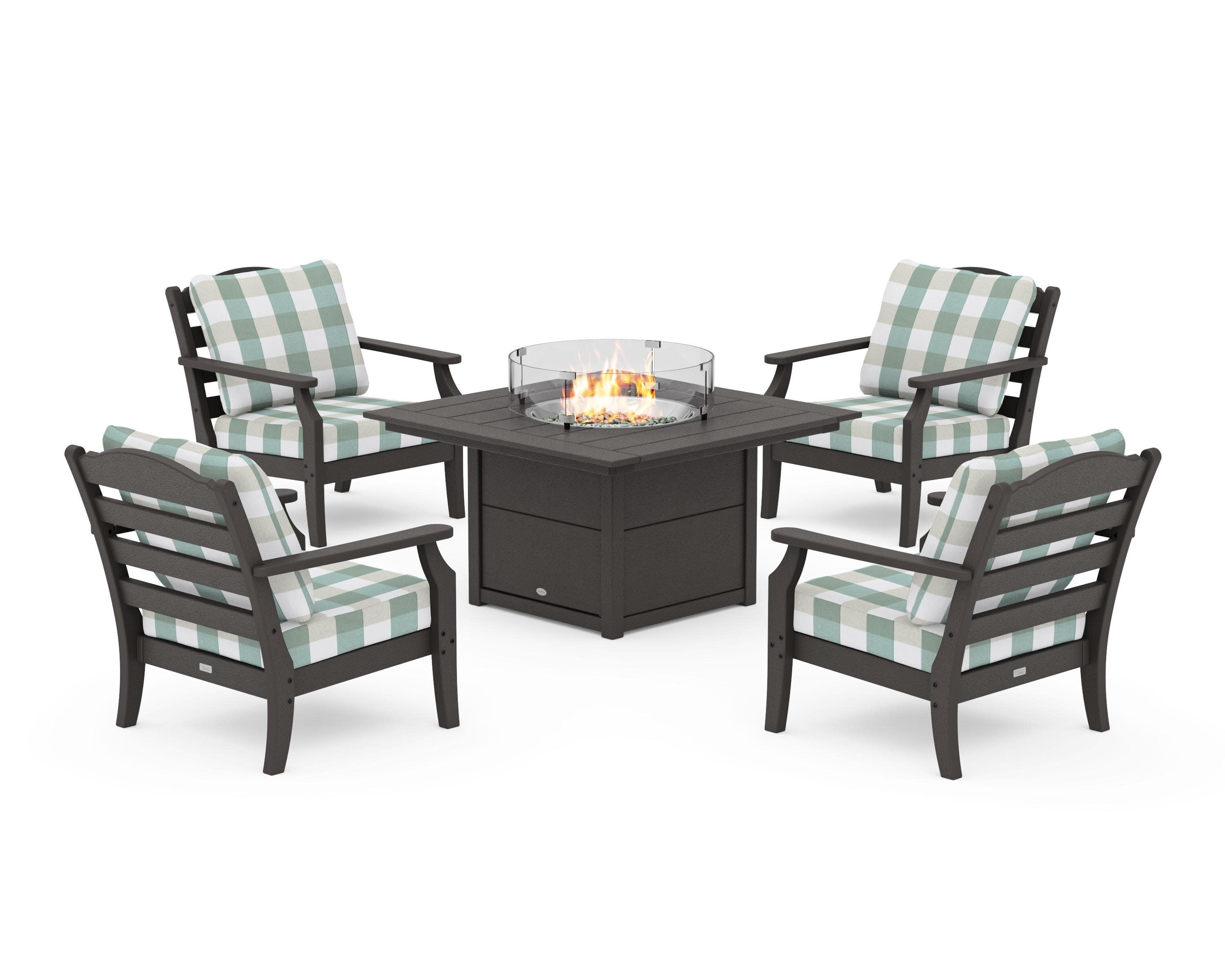 Savannah 5-Piece Deep Seating Set with Fire Pit Table in Vintage Coffee / Buffalo Plaid Glacier Spa