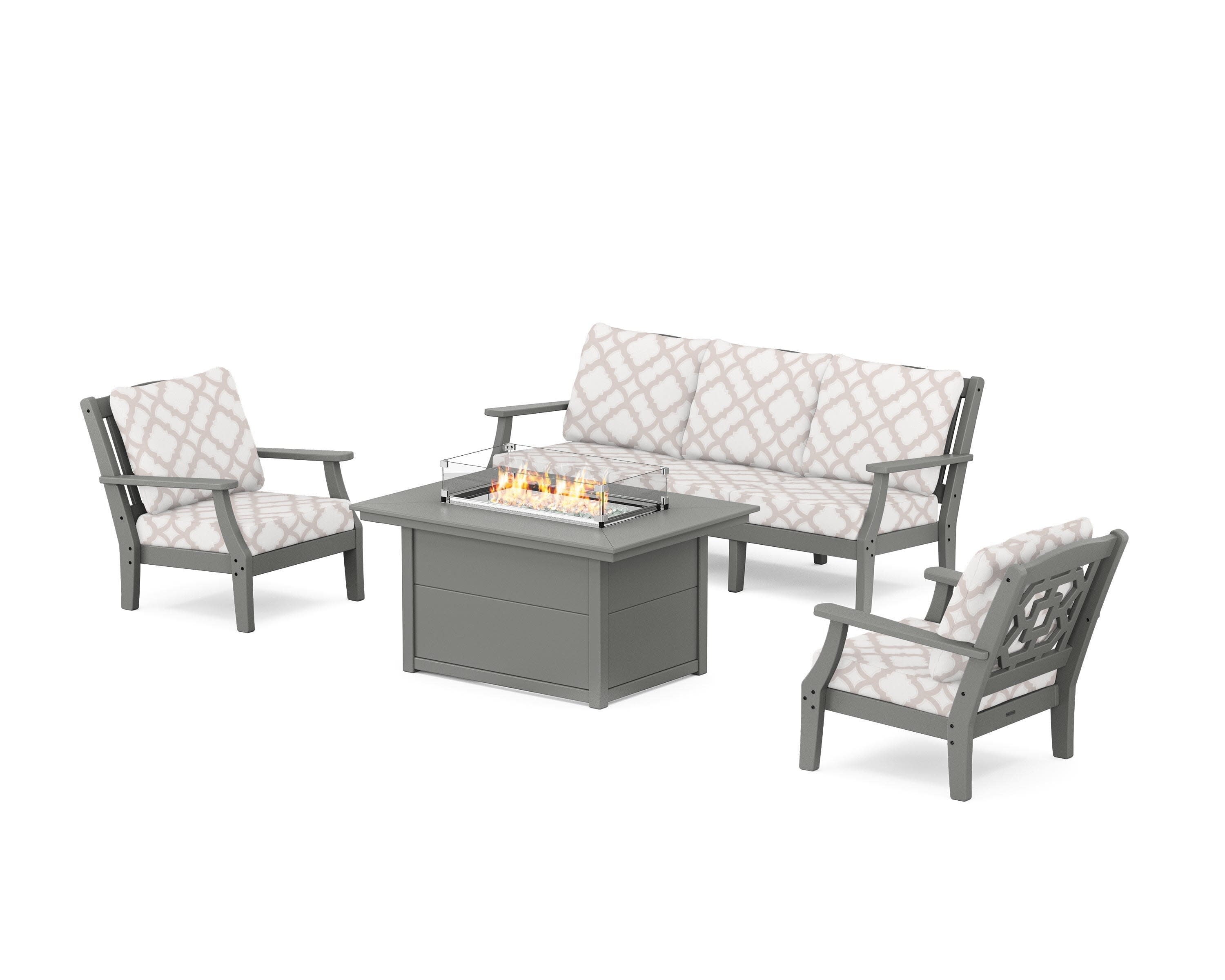 Chinoiserie Deep Seating Fire Pit Table Set in Slate Grey / Trellis Dune Burlap