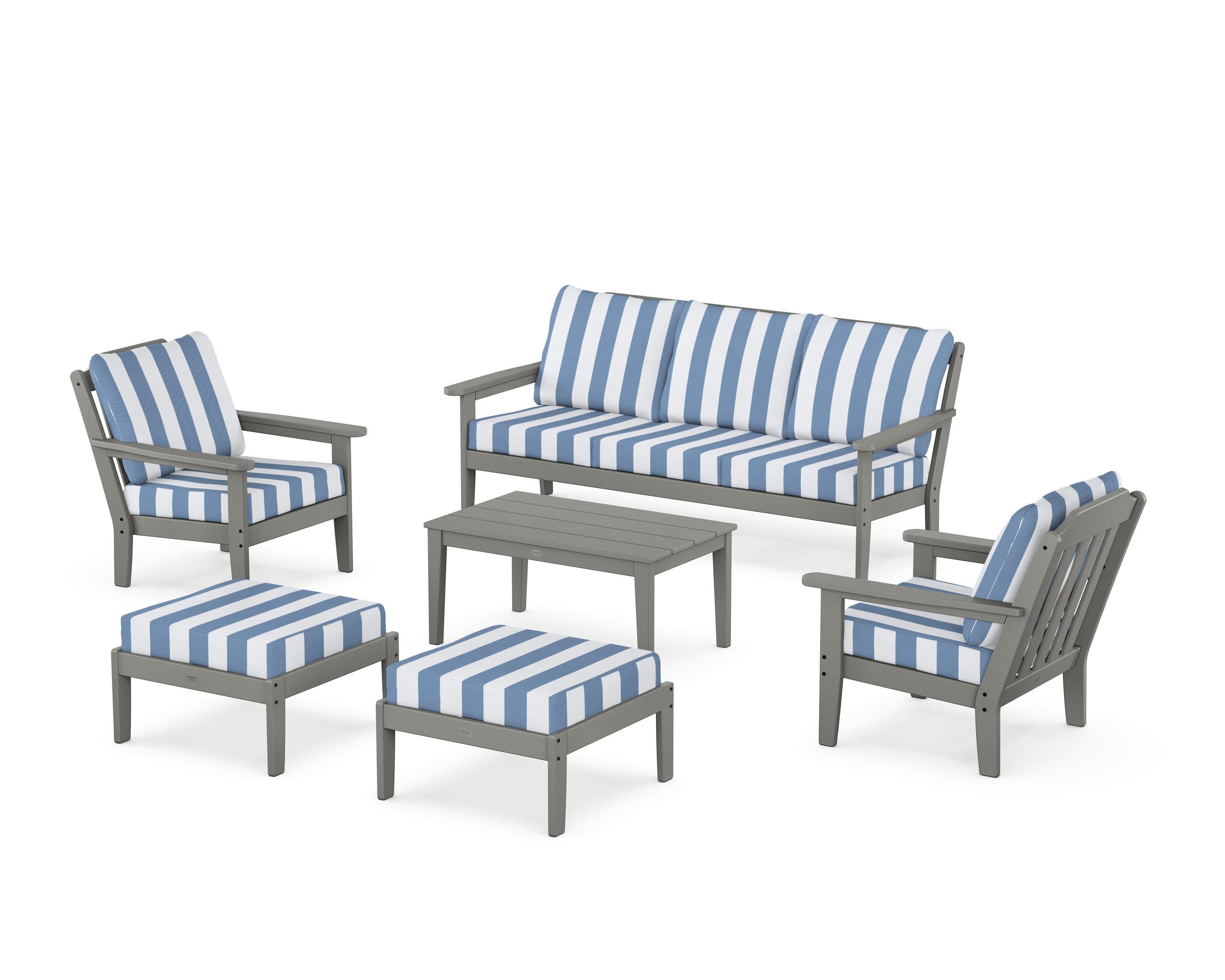 Cottage 6-Piece Lounge Sofa Set in Slate Grey / Cabana Stripe Sky Blue