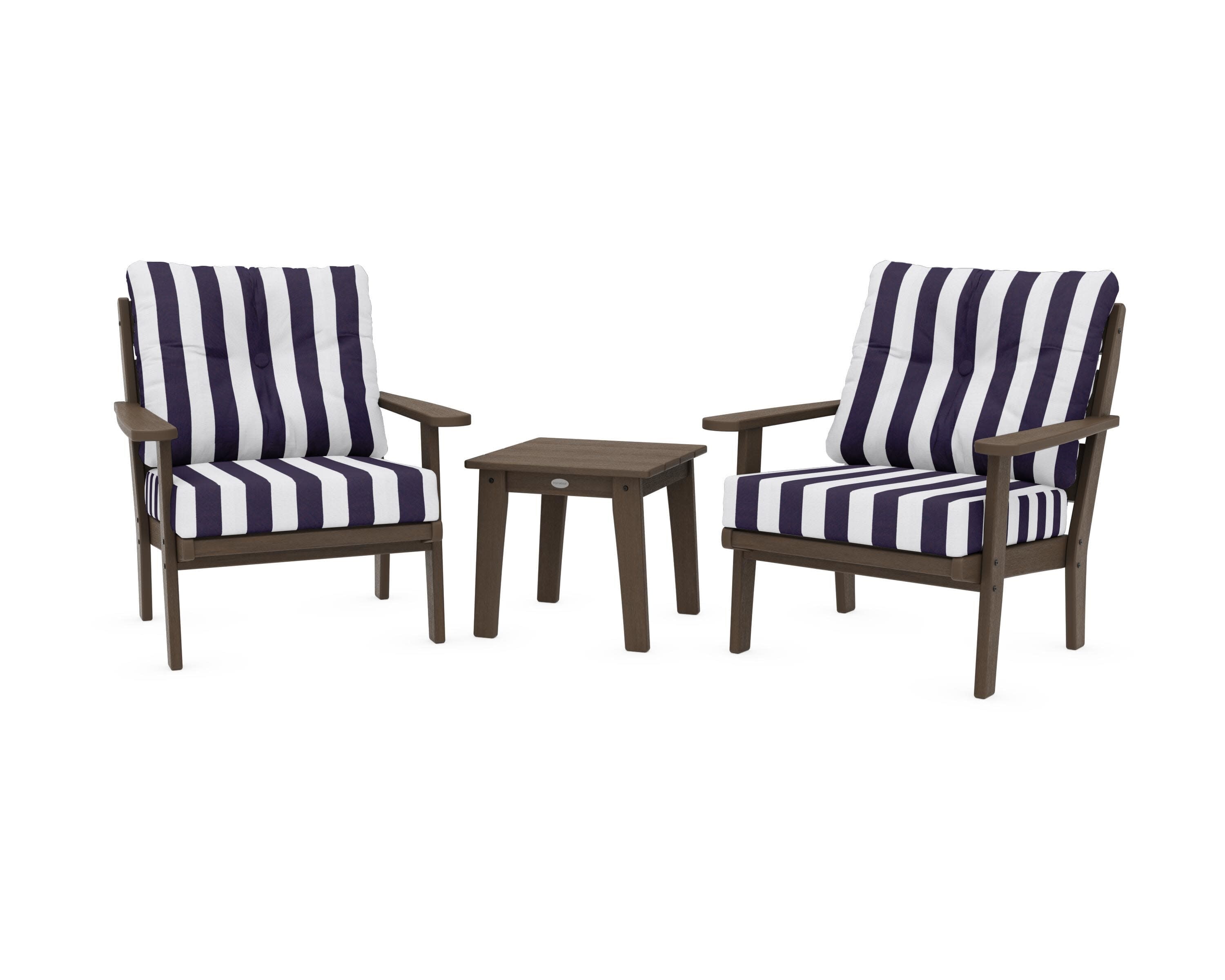 Lakeside 3-Piece Deep Seating Chair Set in Kona / Cabana Stripe Navy