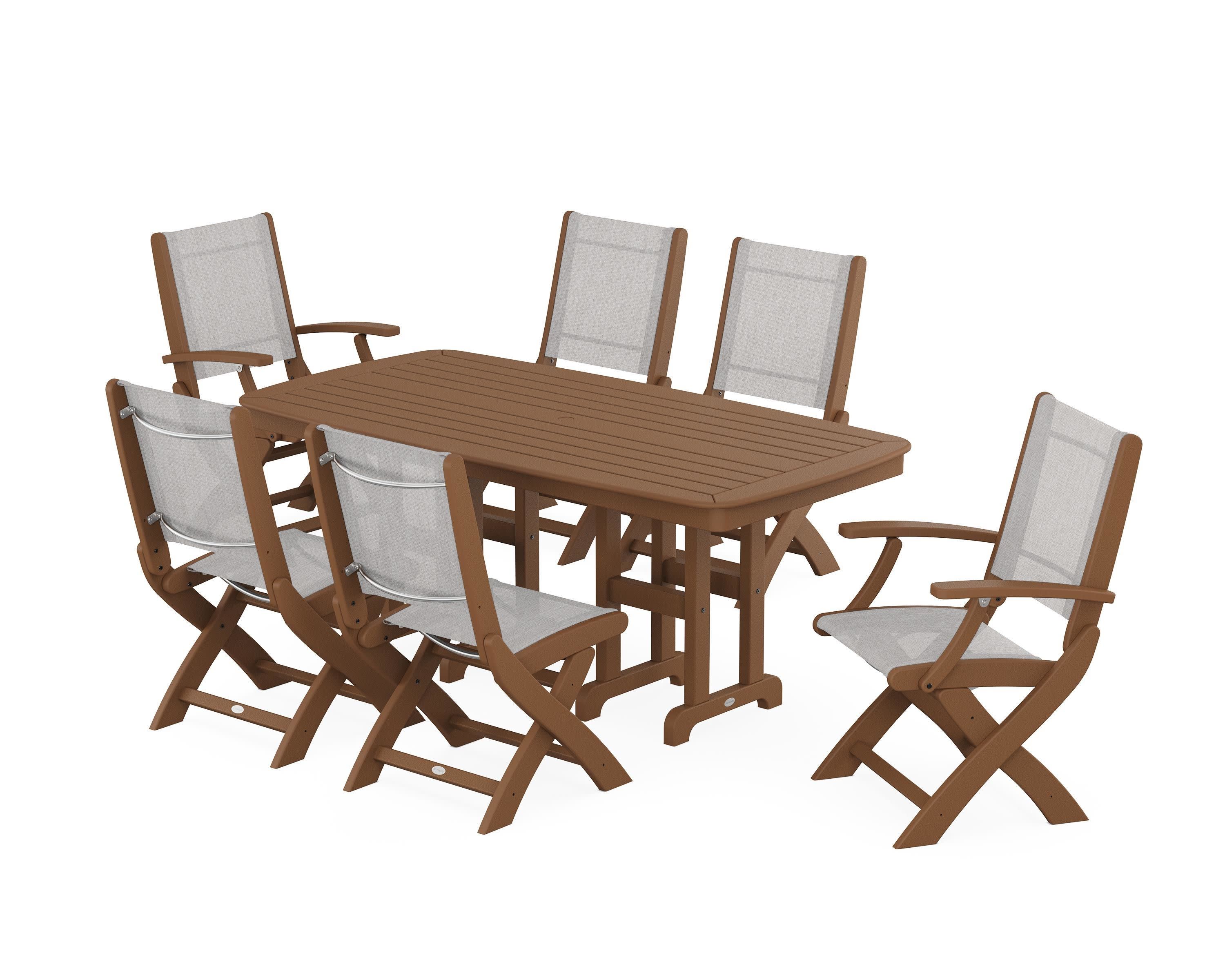 Coastal Folding Chair 7-Piece Dining Set in Teak / Parchment Sling