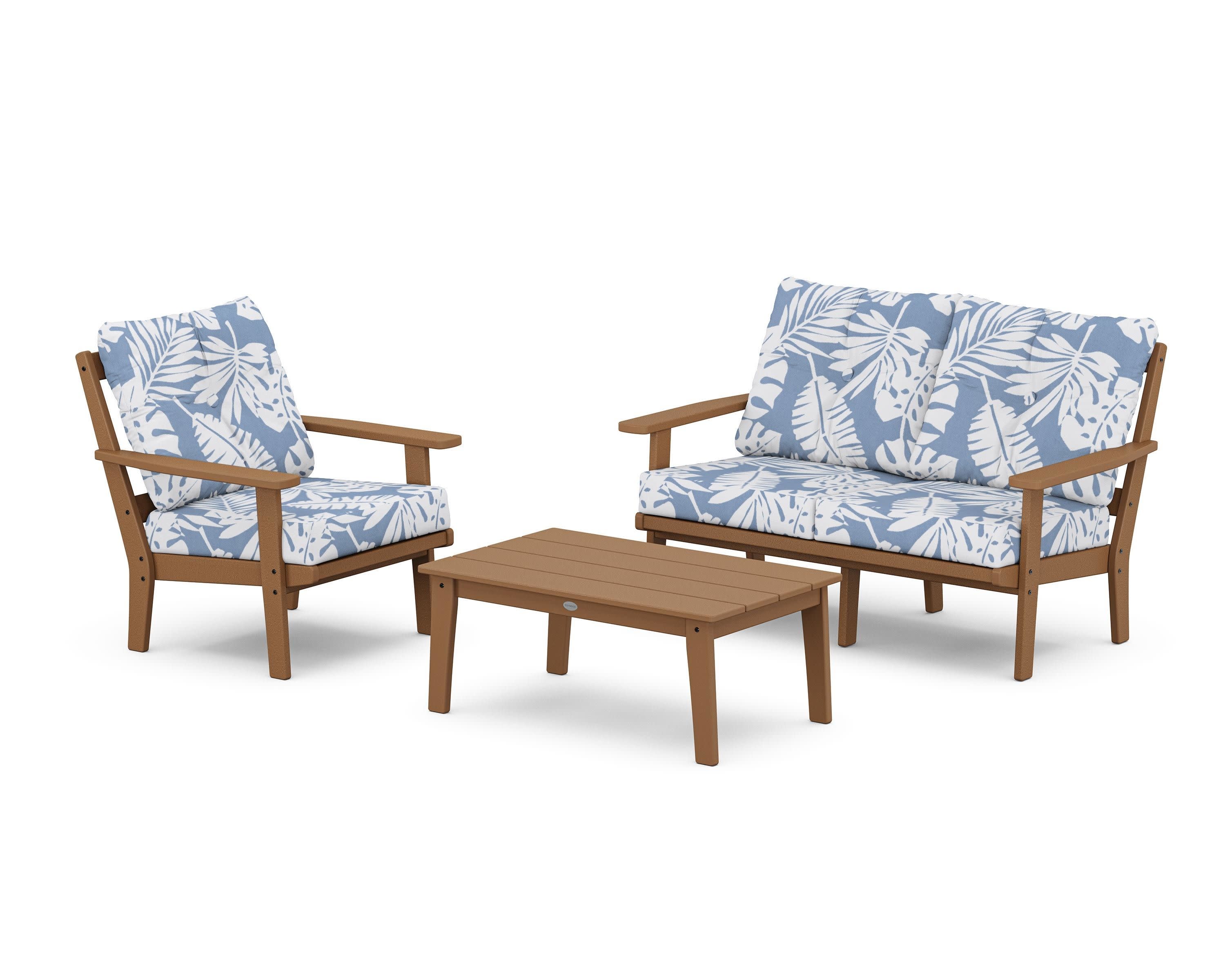 Oxford 3-Piece Deep Seating Set with Loveseat in Teak / Leaf Sky Blue