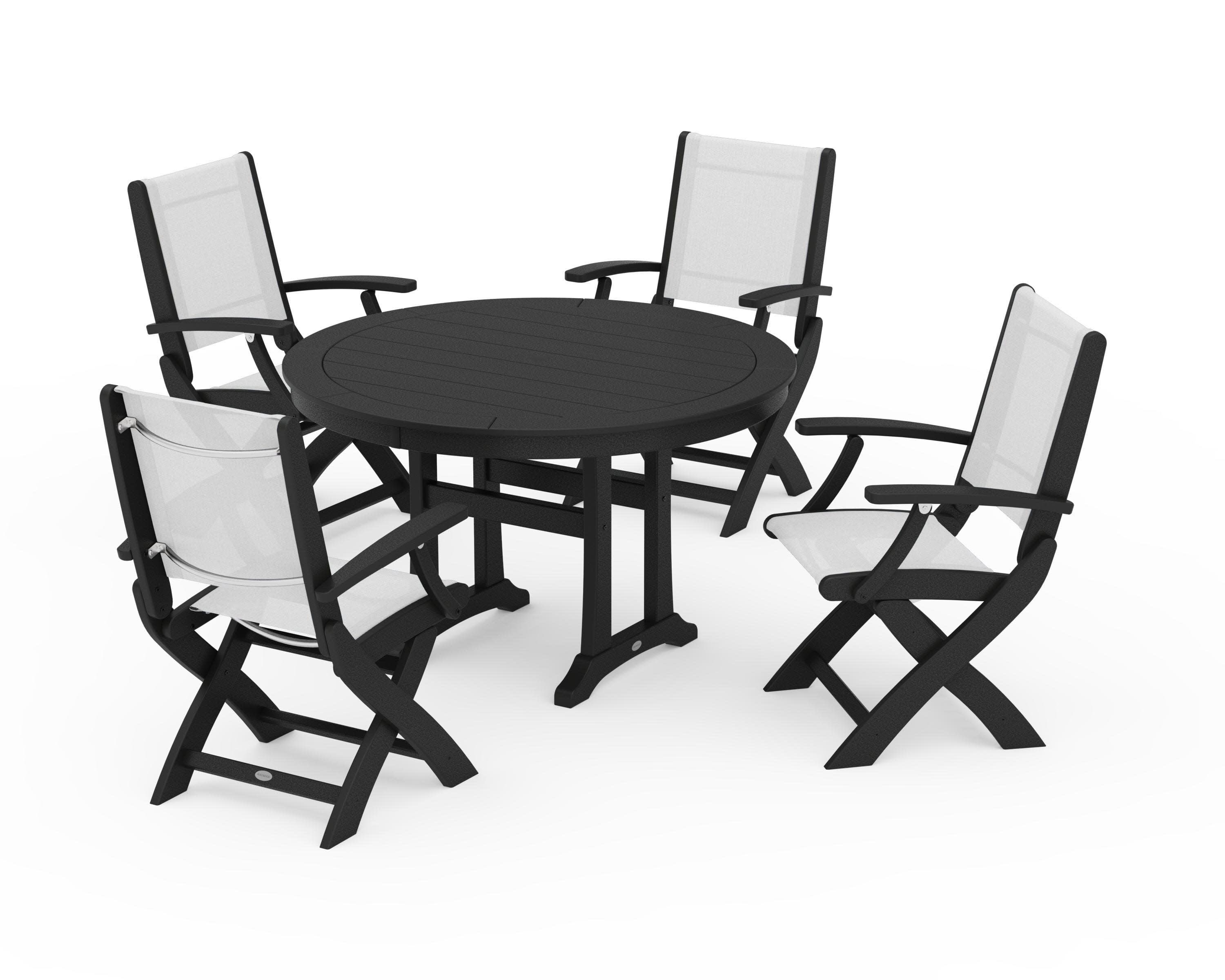 Coastal Folding Chair 5-Piece Round Dining Set with Trestle Legs in Black / White Sling