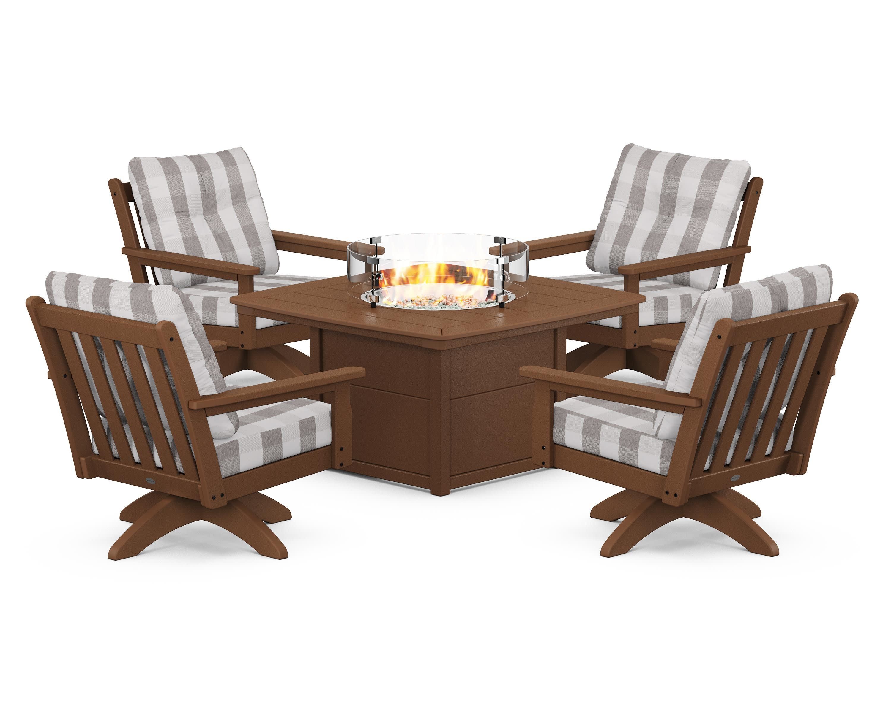 Vineyard 5-Piece Deep Seating Swivel Conversation Set with Fire Pit Table in Teak / Buffalo Plaid Grey Mist