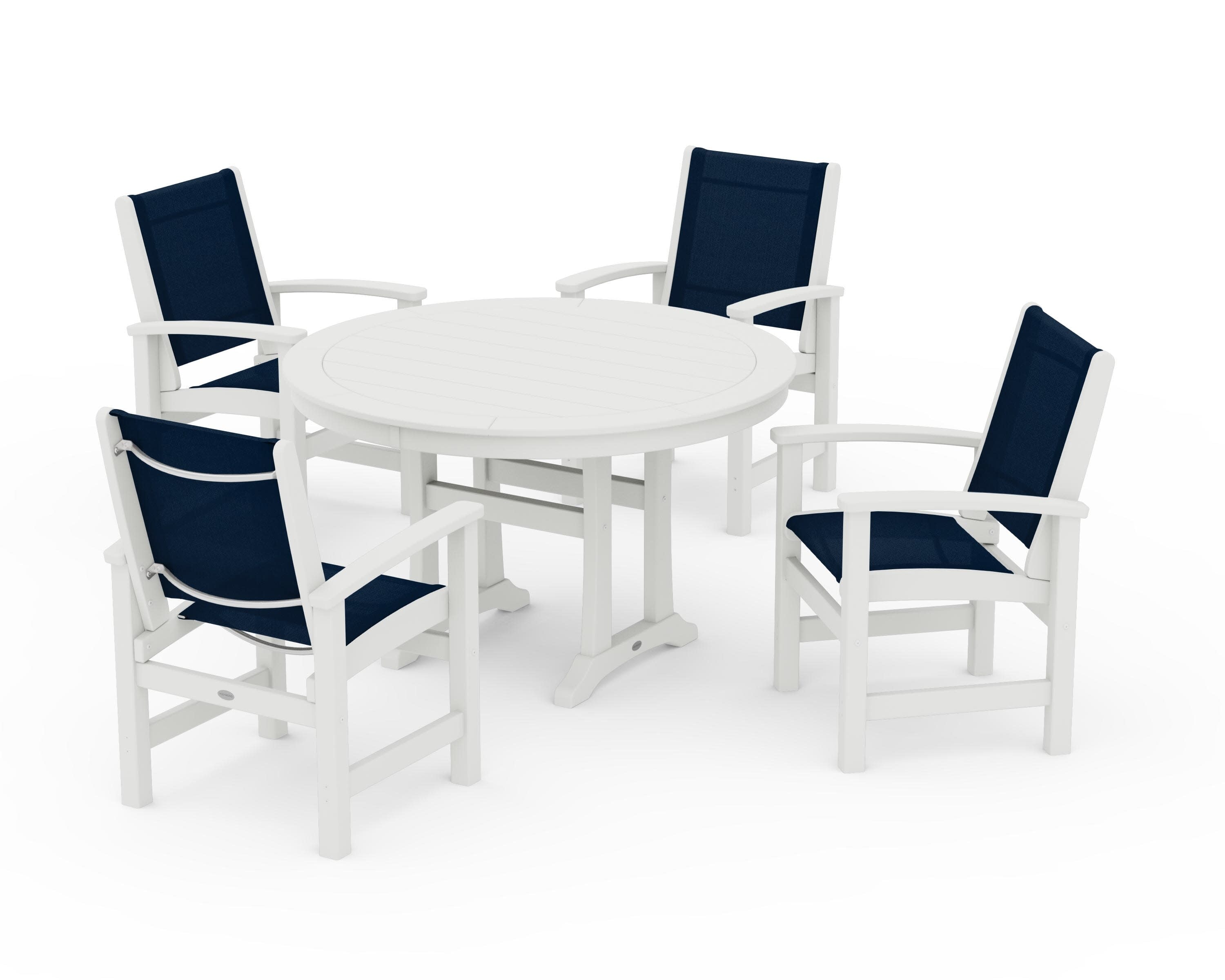 Coastal 5-Piece Round Dining Set with Trestle Legs in Vintage White / Navy Blue Sling