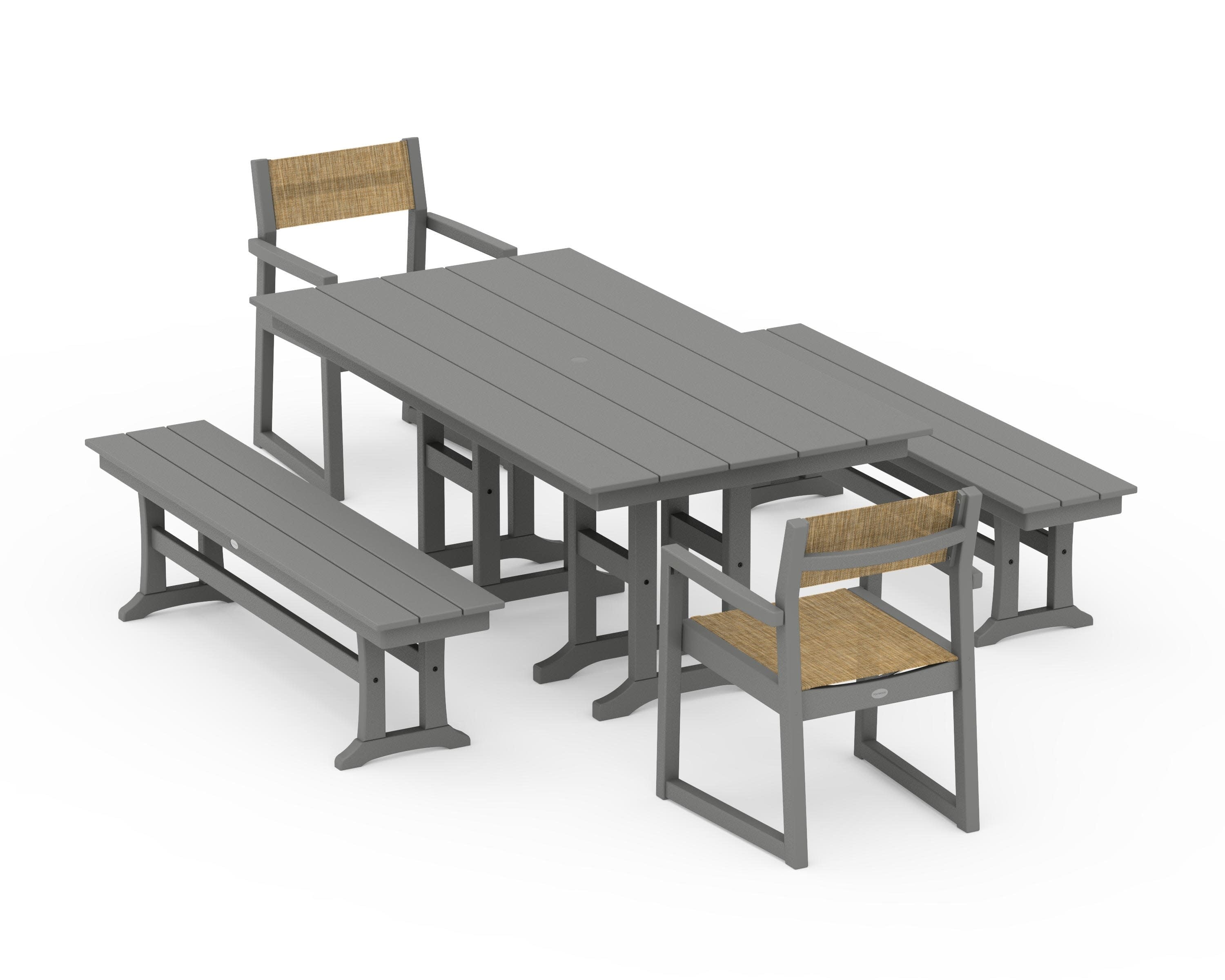 EDGE Sling Arm Chair 5-Piece Farmhouse Dining Set with Benches in Slate Grey / Burlap Sling