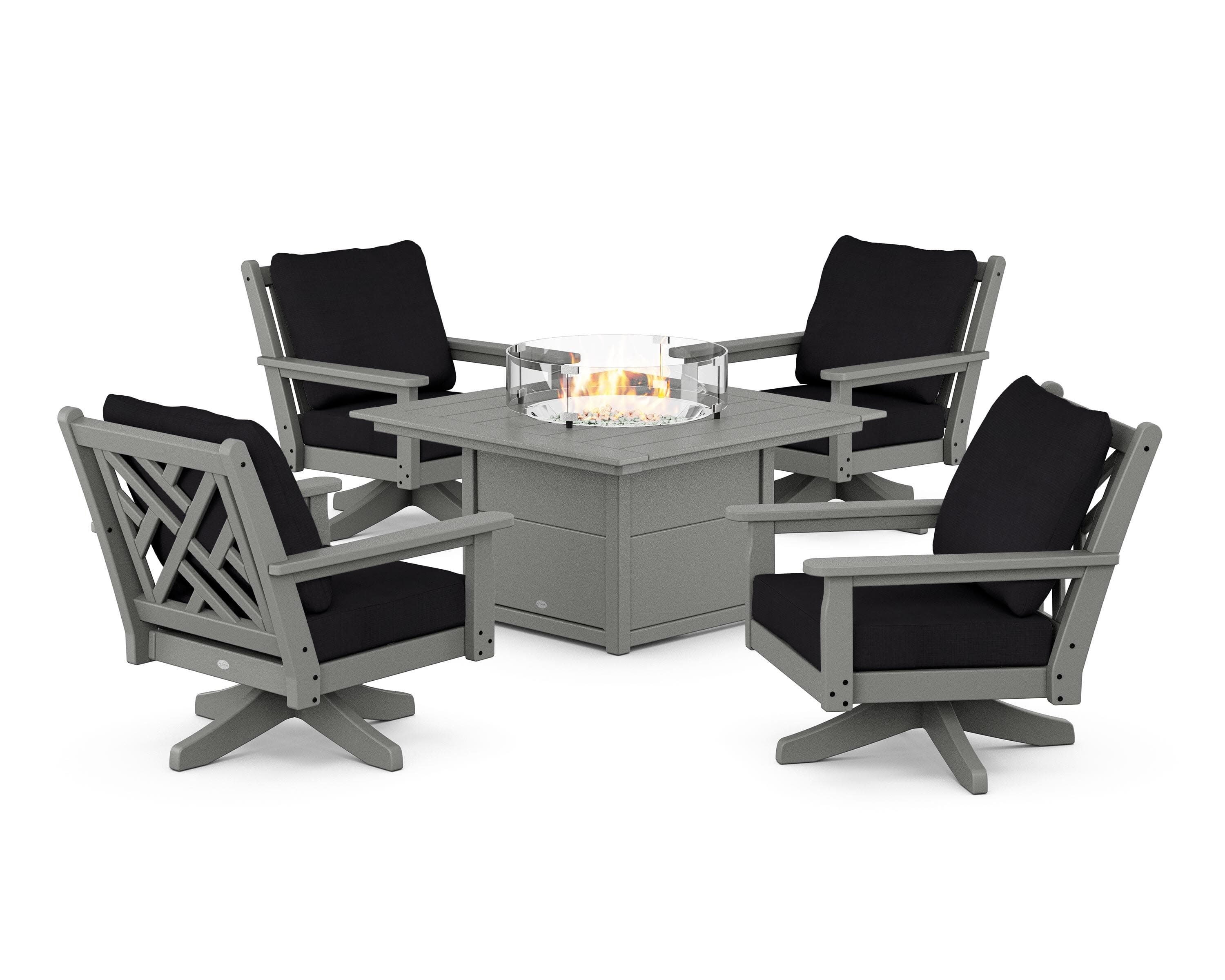 Chippendale 5-Piece Deep Seating Swivel Conversation Set with Fire Pit Table in Slate Grey / Midnight Linen