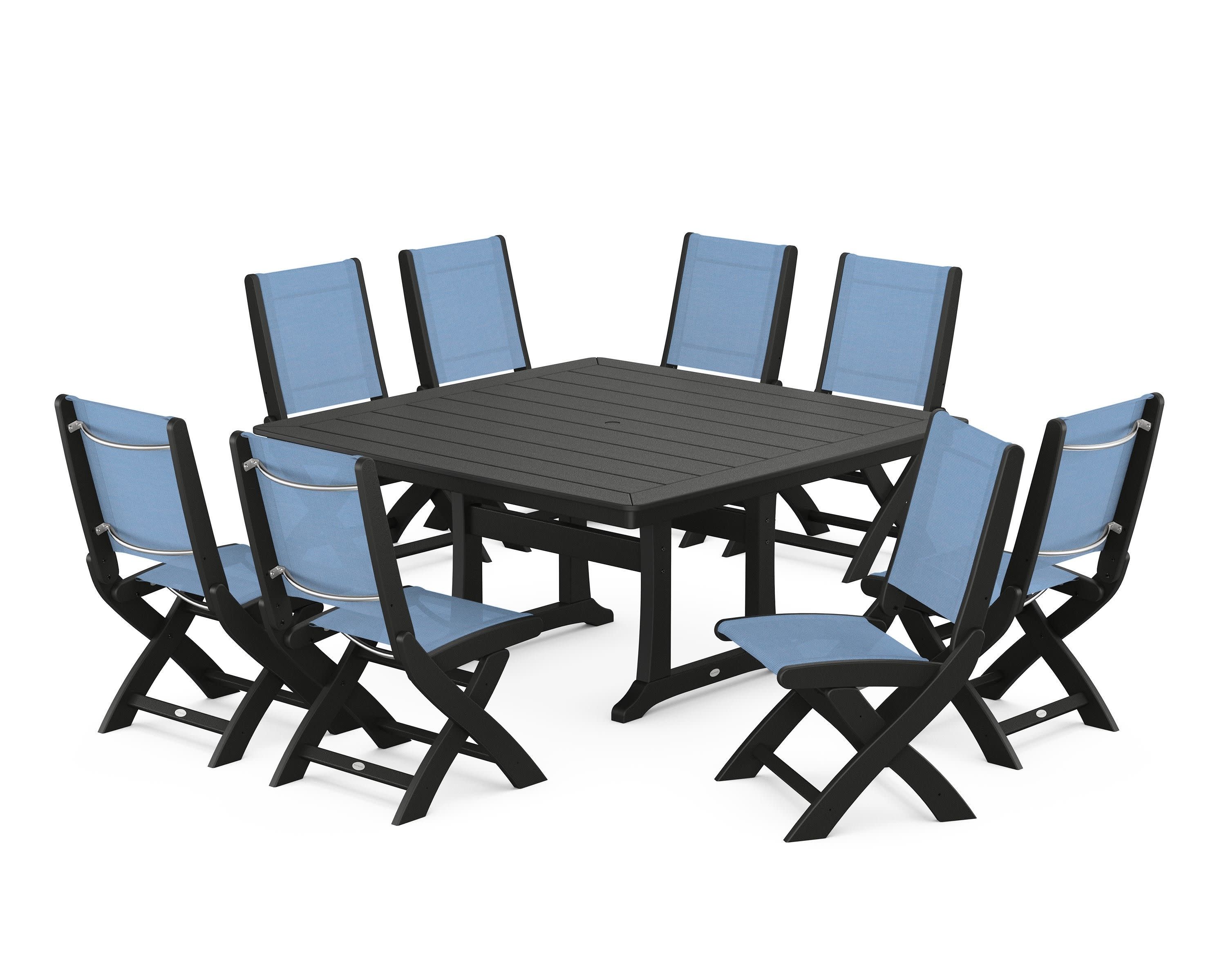 Coastal Folding Side Chair 9-Piece Dining Set with Trestle Legs in Black / Poolside Sling