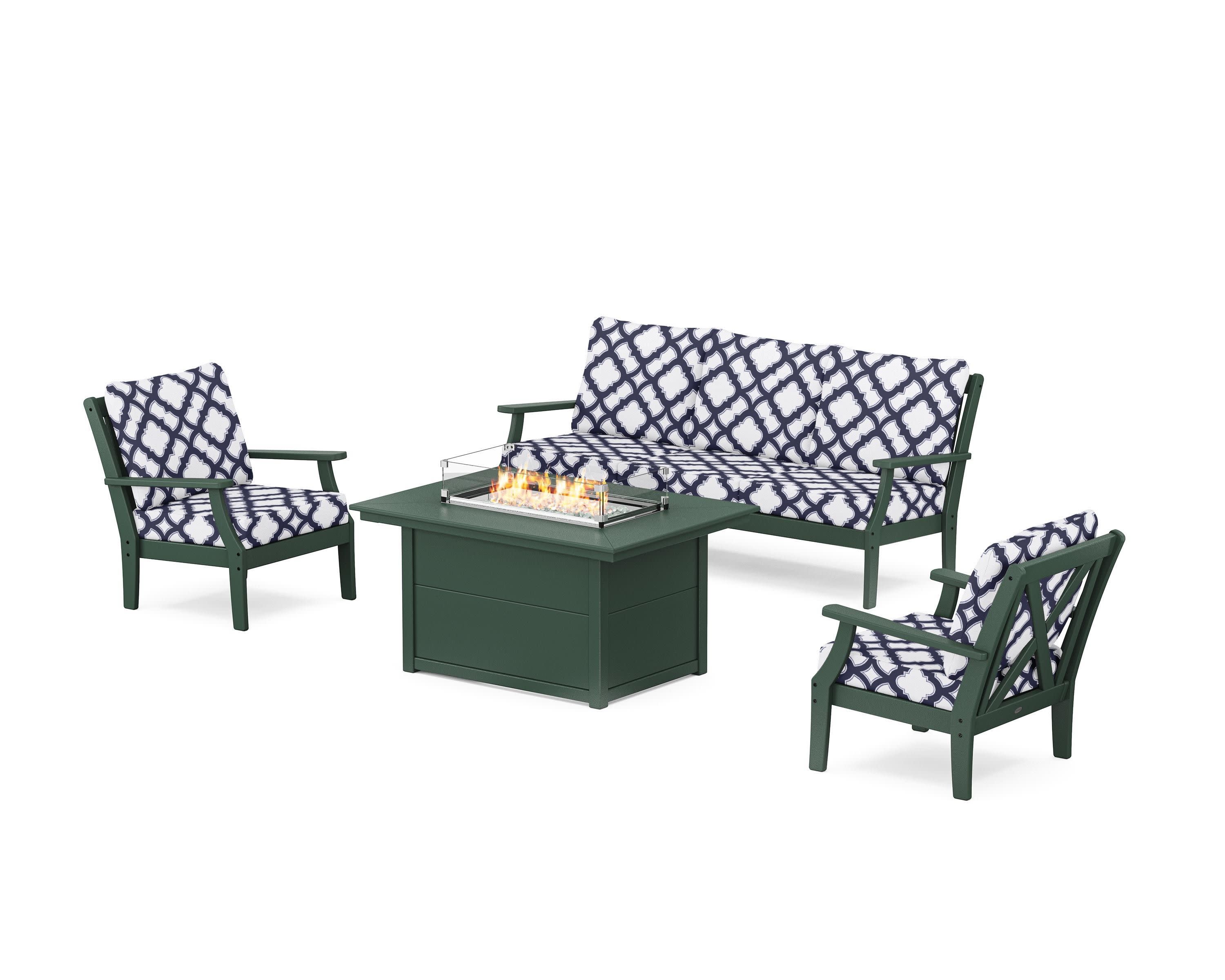 Braxton Deep Seating Fire Pit Table Set in Green / Trellis Navy