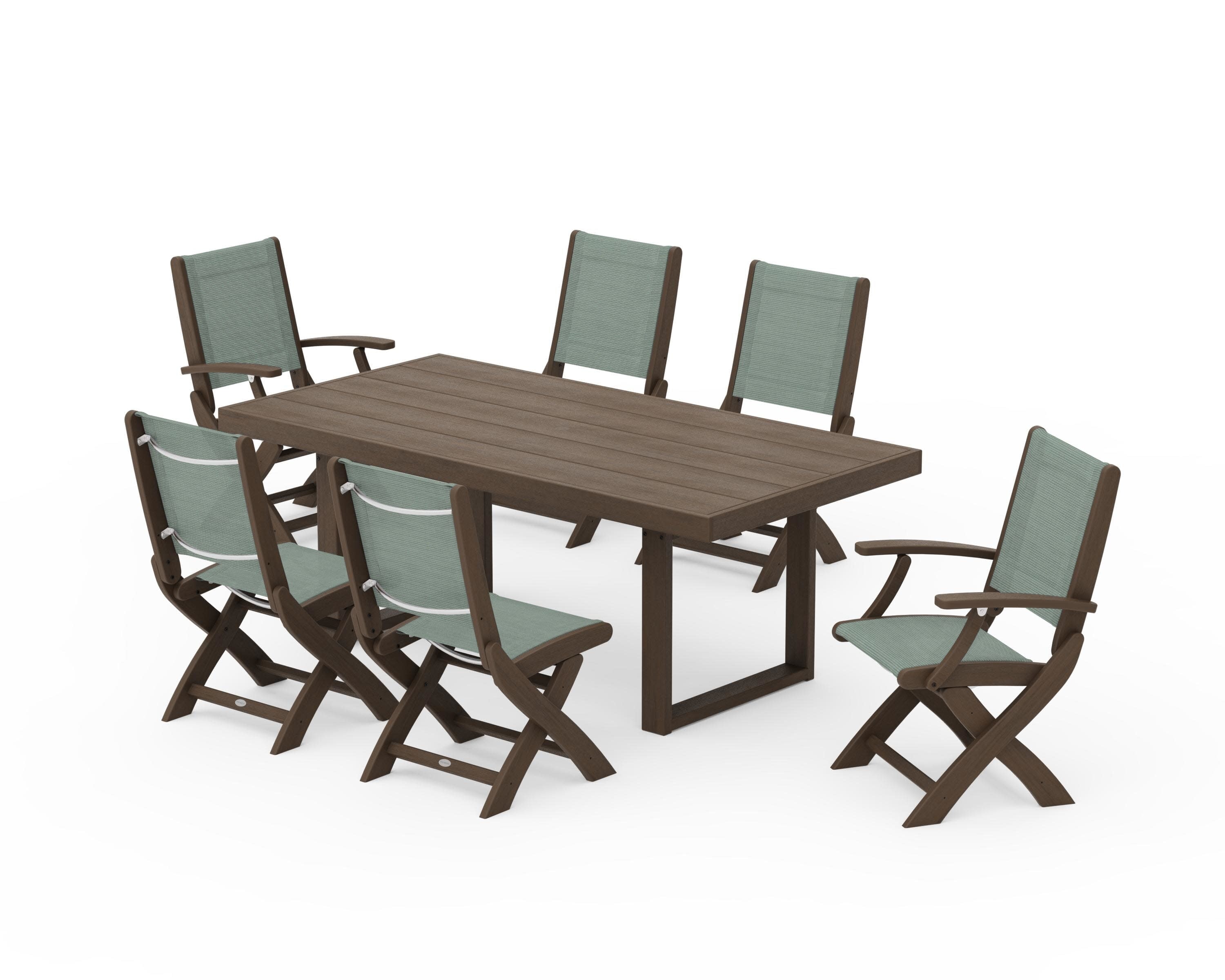 Coastal Folding Chair 7-Piece Dining Set with Trestle Legs in Kona / Dupioni Sea Mist Sling