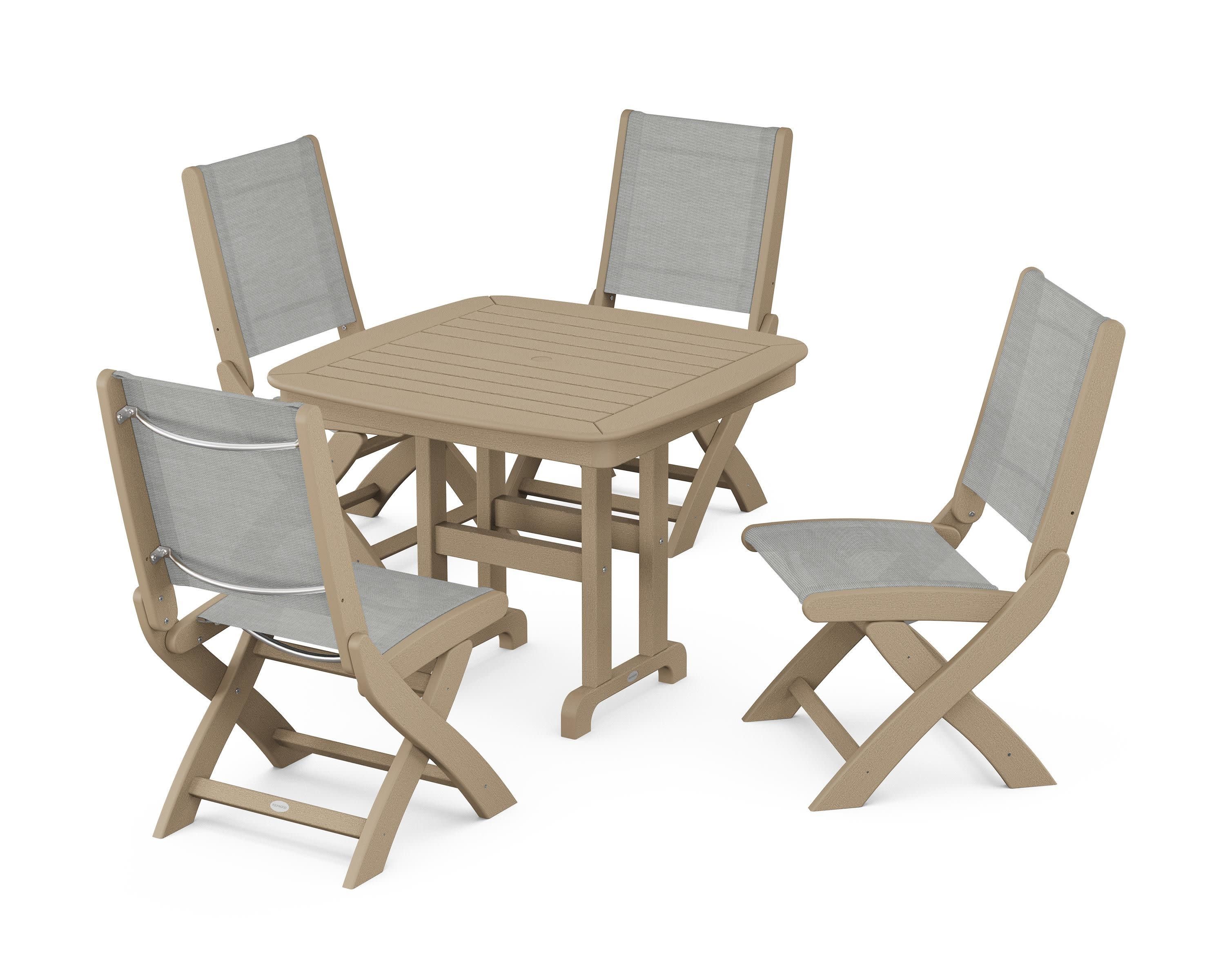 Coastal Folding Side Chair 5-Piece Dining Set in Vintage Sahara / Metallic Sling
