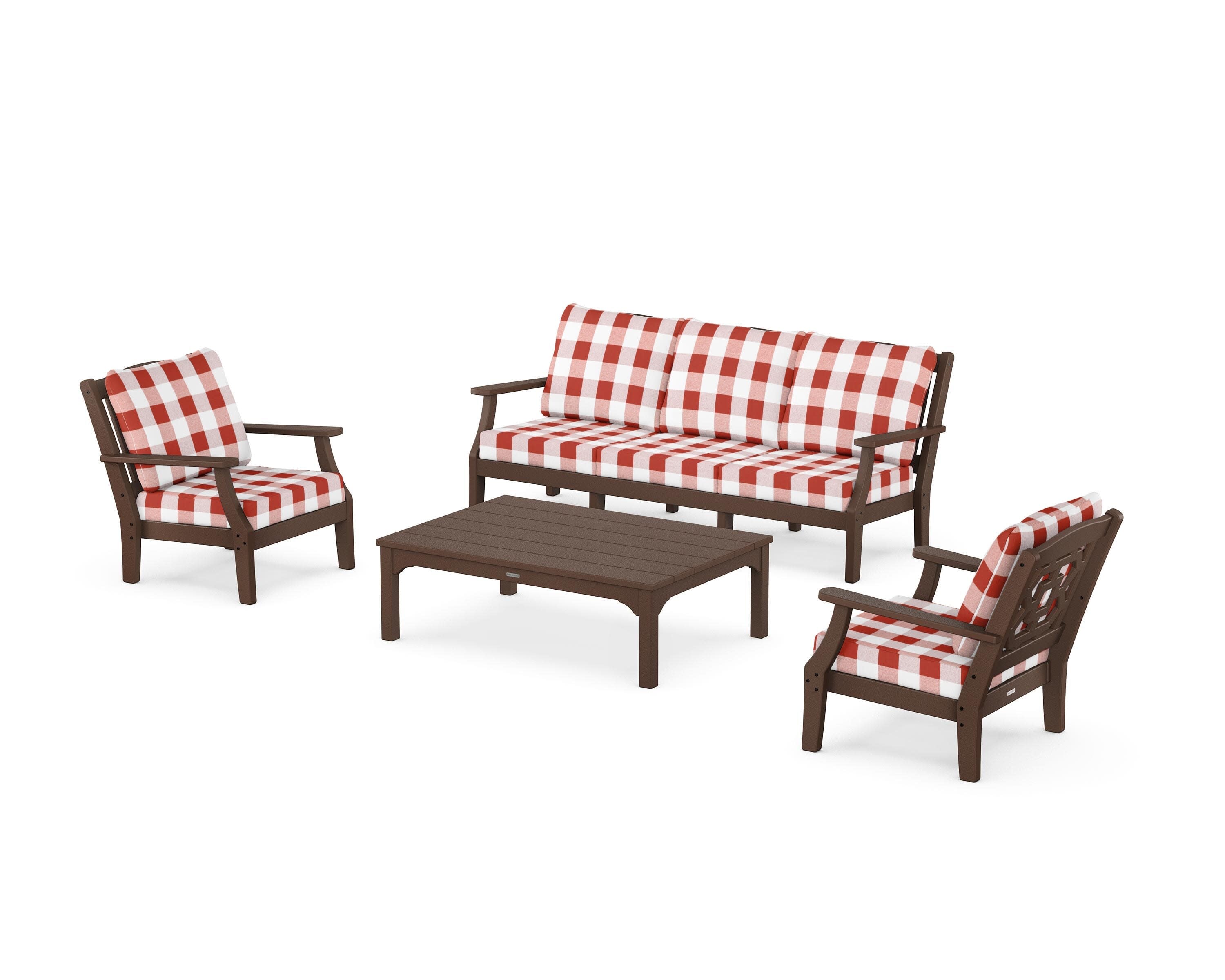 Chinoiserie 4-Piece Deep Seating Set with Sofa in Mahogany / Buffalo Plaid Crimson